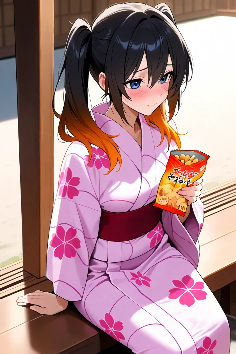  maximum resolution,  very detailed ,  Best Quality ,precise,  masterpieces , Solo,1 woman, black hair,I have twintails.,Orange gradient hair , blue eyes, black-eyed widow , Shy Face, pink yukata dress , Japanese shrine ,Holding a snack,Dark Morning , Yukata set is anatomically correct, anime images 