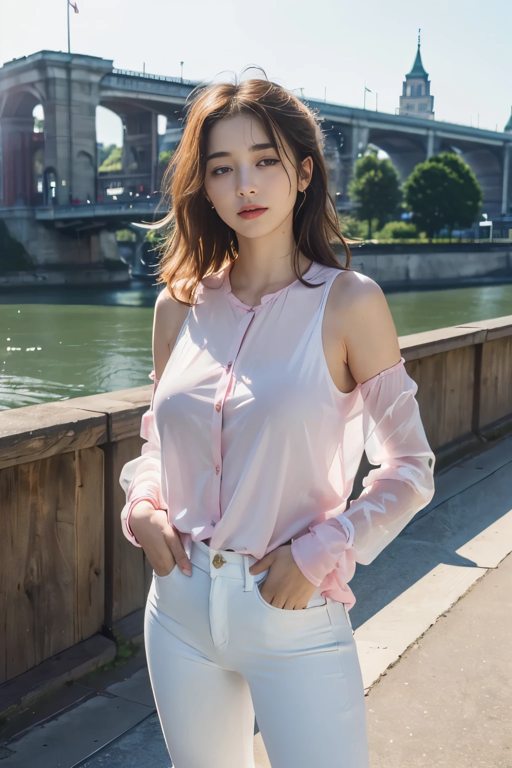 (((best quality, 8 thousand, masterpiece:1.4)), (20 year old woman), masterpiece, distinct, highres, high_quality, wide_shot, small_face, absurdly_short_hair, female, sagging_breasts, balancing, stretching, gentle_face, bare_shoulders, center_opening, downblouse, (brown wavy very long hair), (Put your hands in your pockets), (Huge, saggy breasts), (On a beautiful German bridge), queen of tears, white tight pants, pink translucent blouse, queen of tears, On the Eiselner Bridge,