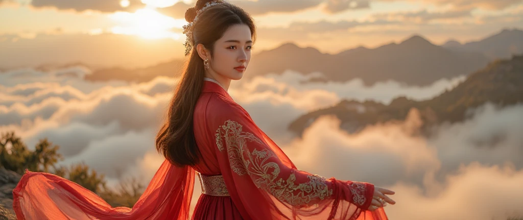 Close-up shot of Princess: A regal young Japanese princess, donning an exquisite red Hanfu, gazes confidently to her leftt side, her long brown hair cascading down her back like a silky waterfall. Her elegant features are illuminated by warm, cinematic lighting, as she dances majestically atop a dramatic clouds, her body framed against the panoramic backdrop of towering mountain peaks and the fiery glow of sunrise., Ancient costume beauties