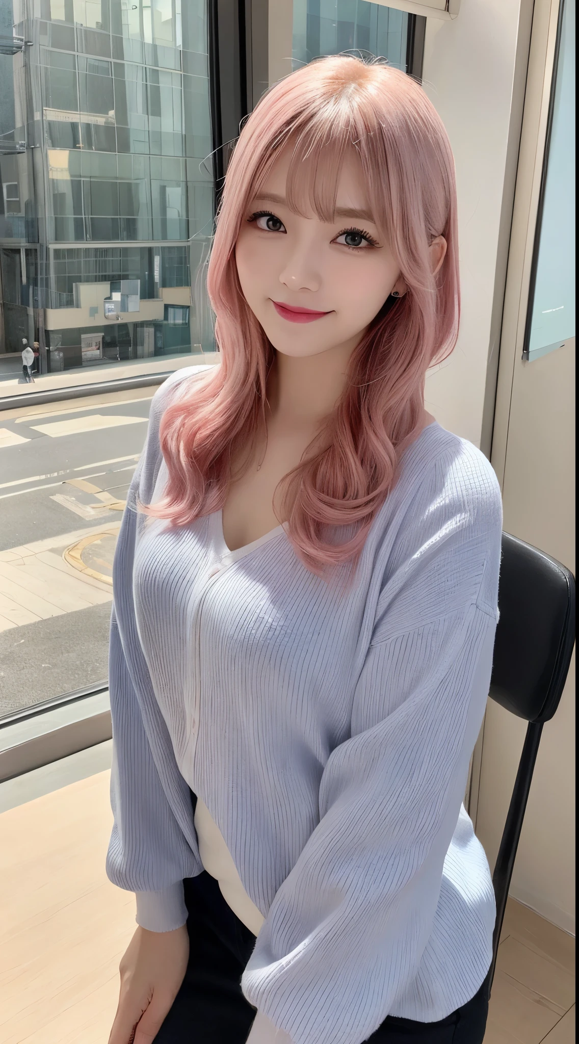 (最高qualityのディテール)、Realistic、8K Ultra HD、High resolution、(One Girl:1.2)、(Pink Hair), The Ultra-detailed、高qualityのテクスチャ、Intricate details、Ultra-detailed、Highly detailed CG、高qualityの影、Beautiful and delicate face、Beautiful and delicate eyes、Depth of written boundary、Ray Tracing、20th Generation、Cute K-Pop Girls、(The Face of Ulzan in Korea)、Narrow Face、(Ulzzang-6500-v1.1:0.6)、Purelos Face_v1、Glow Eyes、Perfect body、 View the viewer、(最高qualityのディテール:1.2)、Realistic、8K Ultra HD、High resolution、(One Girl:1.2)、The Ultra-detailed、高qualityのテクスチャ、Intricate details、cheek、Glossy lips,(A delicate and wonderful smile)、high resolution, Best image quality, 最高quality, Photorealistic, 4K 8K Ultra HD Full Color RAW Photos, Fujifilm(Medium format), Hasselblad, Carl Zeiss, (Hit the knee)、High resolution, High pixel count, Clear details, Clear images, Natural color reproduction, Noise Reduction, High fidelity, quality, Optimized Algorithms, Professional-level retouching,(Pink Hair),  (length)、(Layered Hairstyles), The description of Beautiful and delicate hair、White cardigan、Moe sleeves、Denim Damaged Jeans、Night Street、neon、(A delicate and wonderful smile),