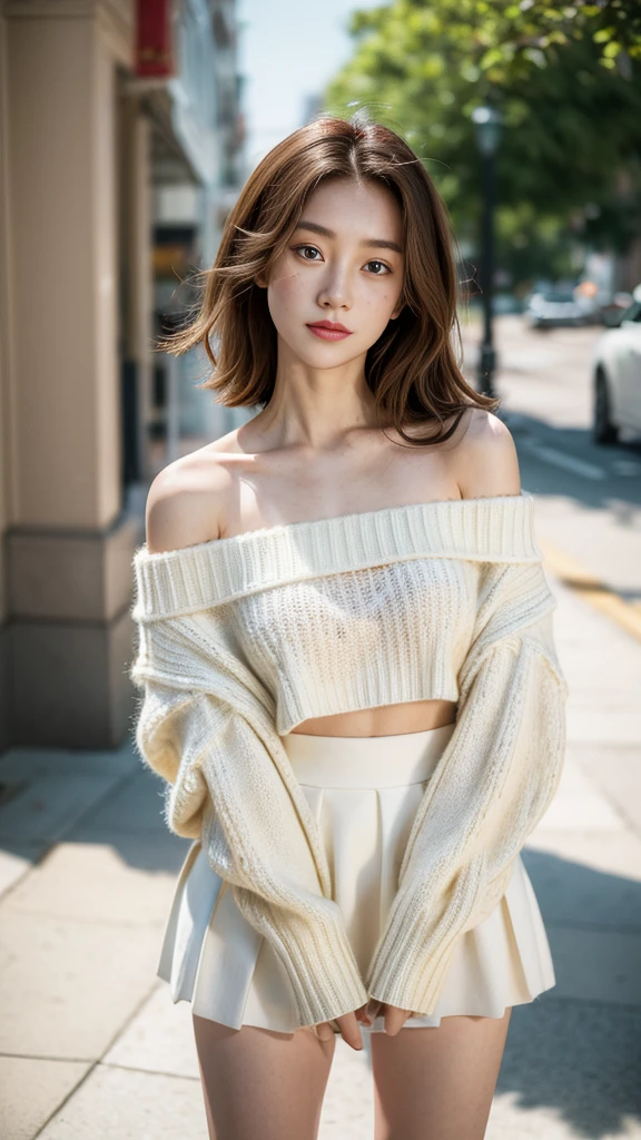 national foundation,best quality,masterpiece,ultra high resolution,(photo real:1.3),8k,original photo,1 girl,Exterior,巴黎世家model, (off shoulder sweater, crop top, long-sleeves sweater), wearing a white skirt,Huge cleavage,Full body female love,Photoshop,Fashion,simple background,natural skin texture,model,natural skin texture,dynamic poses,film grain,