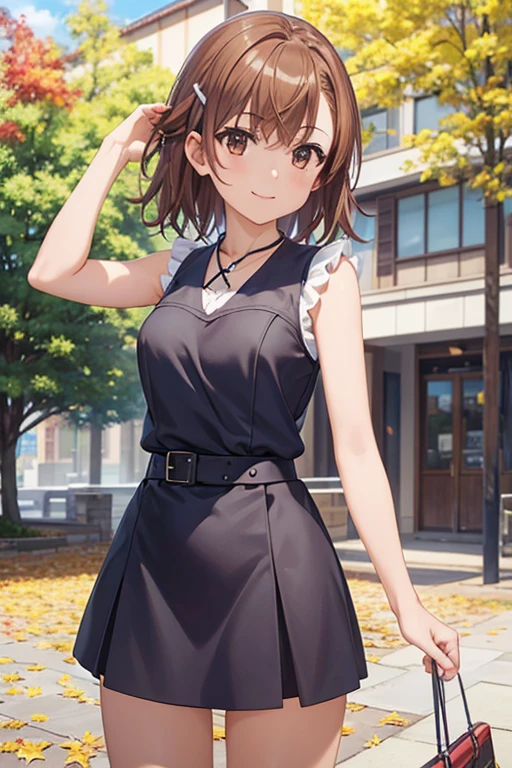 misaka mikoto、 shiny hair,  short hair, ( beautiful brown eyes、)、smile、 super detailed eyes、((hair clip)), very detailed face,  very detailed eyes,cowboy shot,、( One Girl )、 ,Master Piece,  top quality ,  high res, masterpiece , 



 1 Woman Standing ,  mature woman, /(bright blue sleeveless pencil mini dress/)  necklace, /(Brown Hair/) bangs, 赤面した優しいsmile, (最高masterpiece  top quality :1.2)  delicate illustration super detailed,  Lower your arms BREAK /(Canadian city/), Maple leaves falling,   detailed background