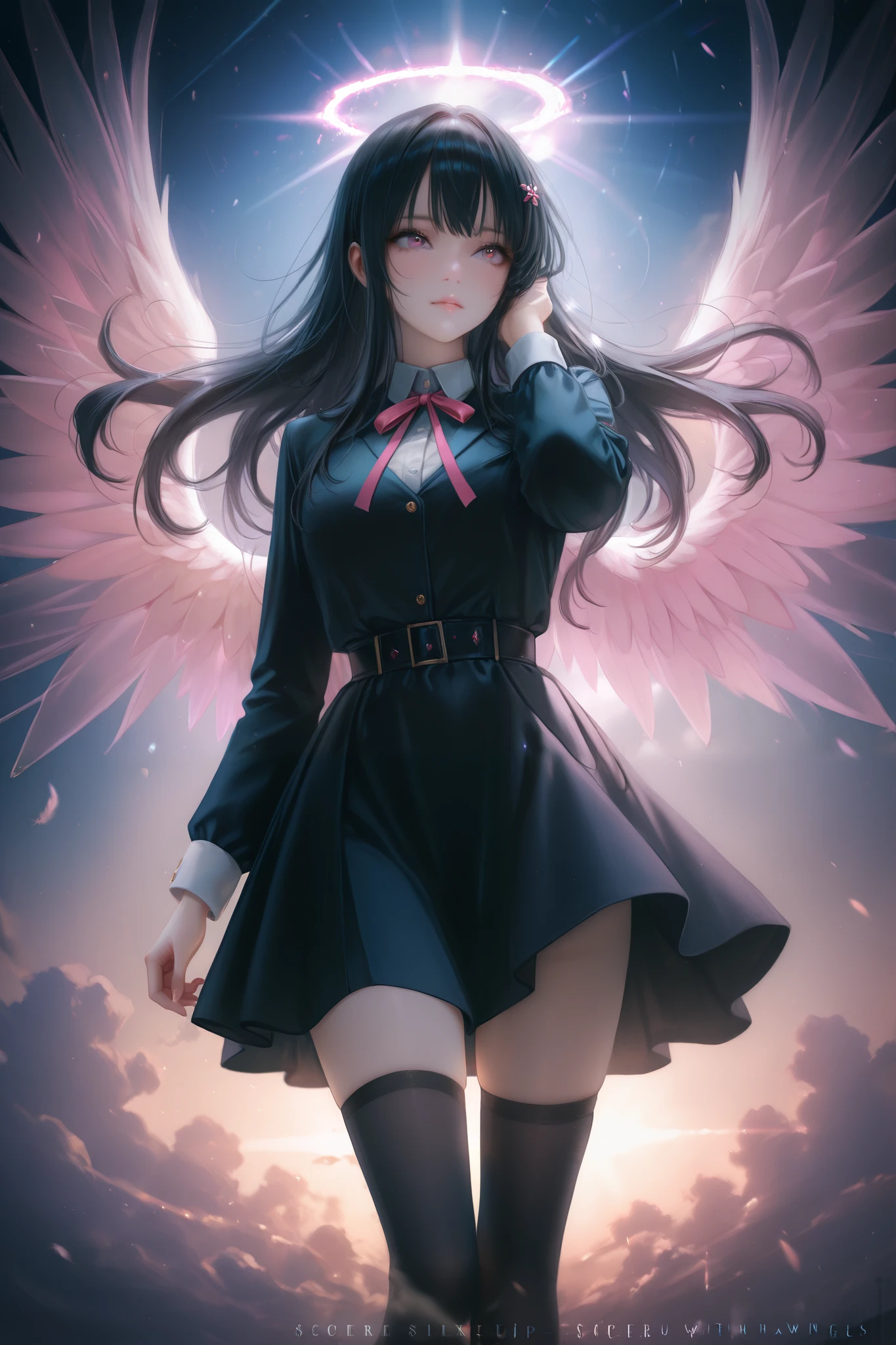 Angel with six wings　 black hair　 long hair