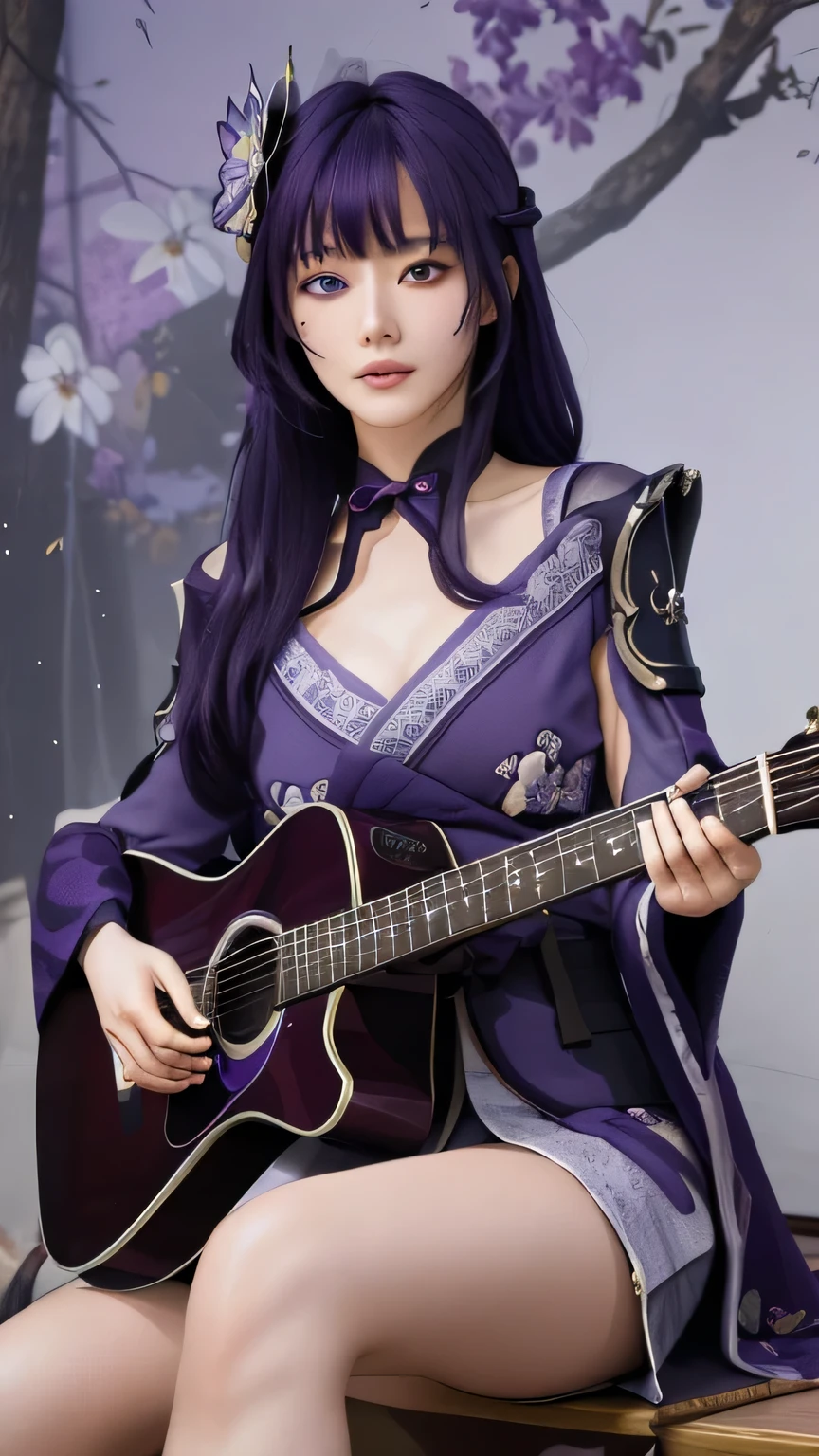 Best quality,Masterpiece,8K wallpaper,absurderes, A high resolution, Ultra detailed, (1 young and beautiful girl, Solo:1.1),Solo, Raiden Shogun, Japanese clothes,  Long hair, upper legs, bangs, hair adornments, Breasts, Purple hair,Shoulder armor, obijime, Armor, purple flower, ribbon,Moles under eyes, flower,Island of dreams: A place to fulfill your deepest desires,Anime texture，be on stage，plays the guitar