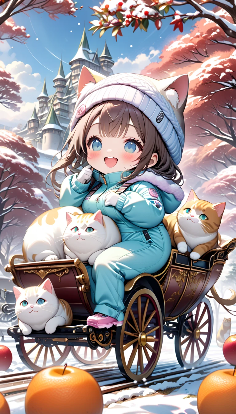 (masterpiece), (ultra-detailed), (best quality), (clear focus), (dramatic scene), (cinematic), shadow, (ultra-high resolution, 8k), perfect anatomy, perfect face, (detailed face), (detailed eye), (chibi:1.2), cute Japanese chibi girl, famous Japanese chibi idol, very beautiful and cute and cool face, (wearing a cute pastel colored coveralls with winter jacket:1.2), knit hat, knit glove, (large breasts), (She is standing in front of the gorgeous antique carriage with her giant fat cats under the leafless mandarin trees:1.3), some mandarin oranges on leafless apple trees, piles of cats are on the carriage, in winter, deeply snow covered, snowing, blizzard, they looks so happy, smile, dynamic angle, (many giant fat cats are mewing with her:1.3), (detailed cats:1.3), amazing view of vast orchard with snow covered European castle, (flying giant cat is in the sky:1.3), wide shot