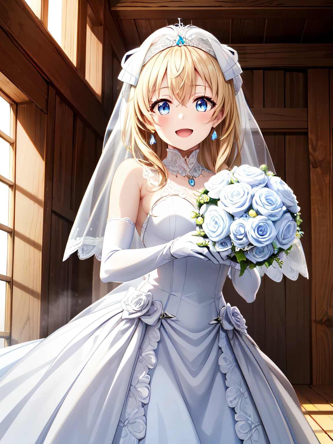 resolution、 top quality 、 super high quality 、 One Girl 、 smiling、solo、priestess、 shot from the front 、Standing、( anime illustration style:1.10),8k、Golden Long Beautiful Hair 、Attractive light blue eyes、 physics-based rendering 、 sandy beach_white_Shirt、smile、( Pure White Wedding Dress :1.5),A bouquet in hand、 pure white dress、 necklace、 earrings for women with first name、lipstick、(Lace gloves:1.3)、long white dress、 cowboy shot、(Genuine、 real、 real)、 super fine paint 、 sharp focus 、 Physically Based Rendering 、 cowboy shot、
