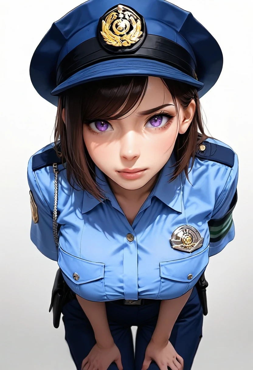 best quality,masterpiece,large breasts,purple eyes,dark brown hair,light blue shirt,blue pants,1girl, ,police hat,breast pocket,swept bangs,torn clothes