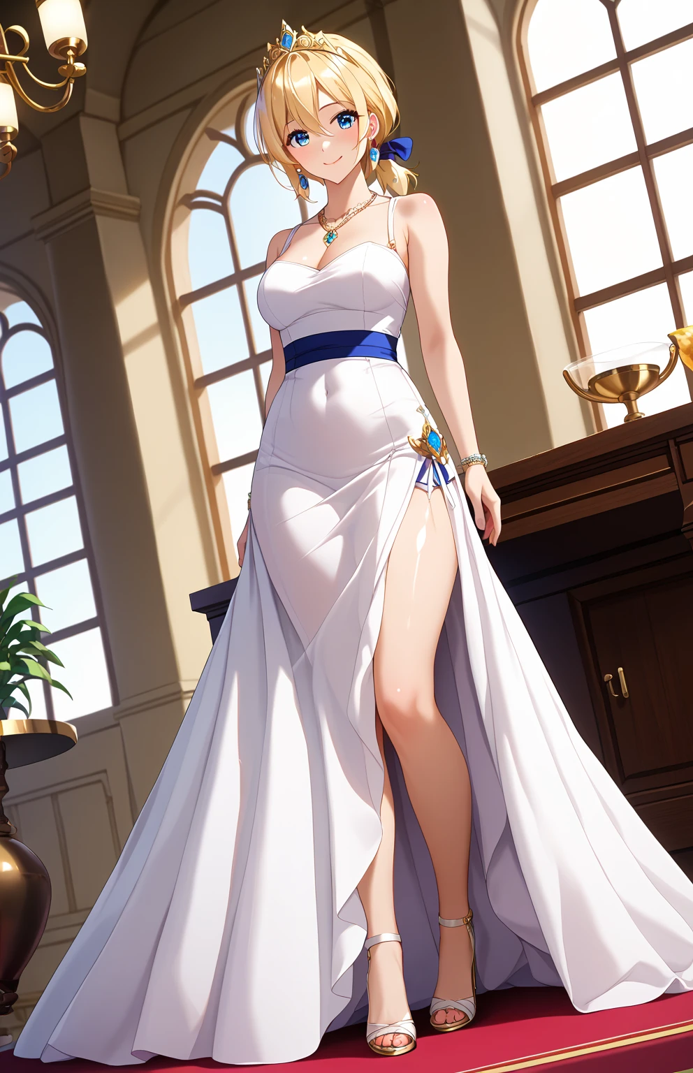 ( standing、whole body、 angle from an oblique front)、20-year-old woman、smile、( big eyes)、 blue eyes、 beautiful eyes、Blonde、 Smooth Hair、((low ponytail、 short hair))、 bangs between eyes、 textured skin 、(shiny white long dress:1.2)、 Evening Dress、 emphasizes body line 、(Golden embroidery:1.2)、 high heels by Miguel、 sparkling earrings 、 necklace、 glittering tiara、 8K resolution 、 highest image quality taken by Ki、 top quality 、 high definition 