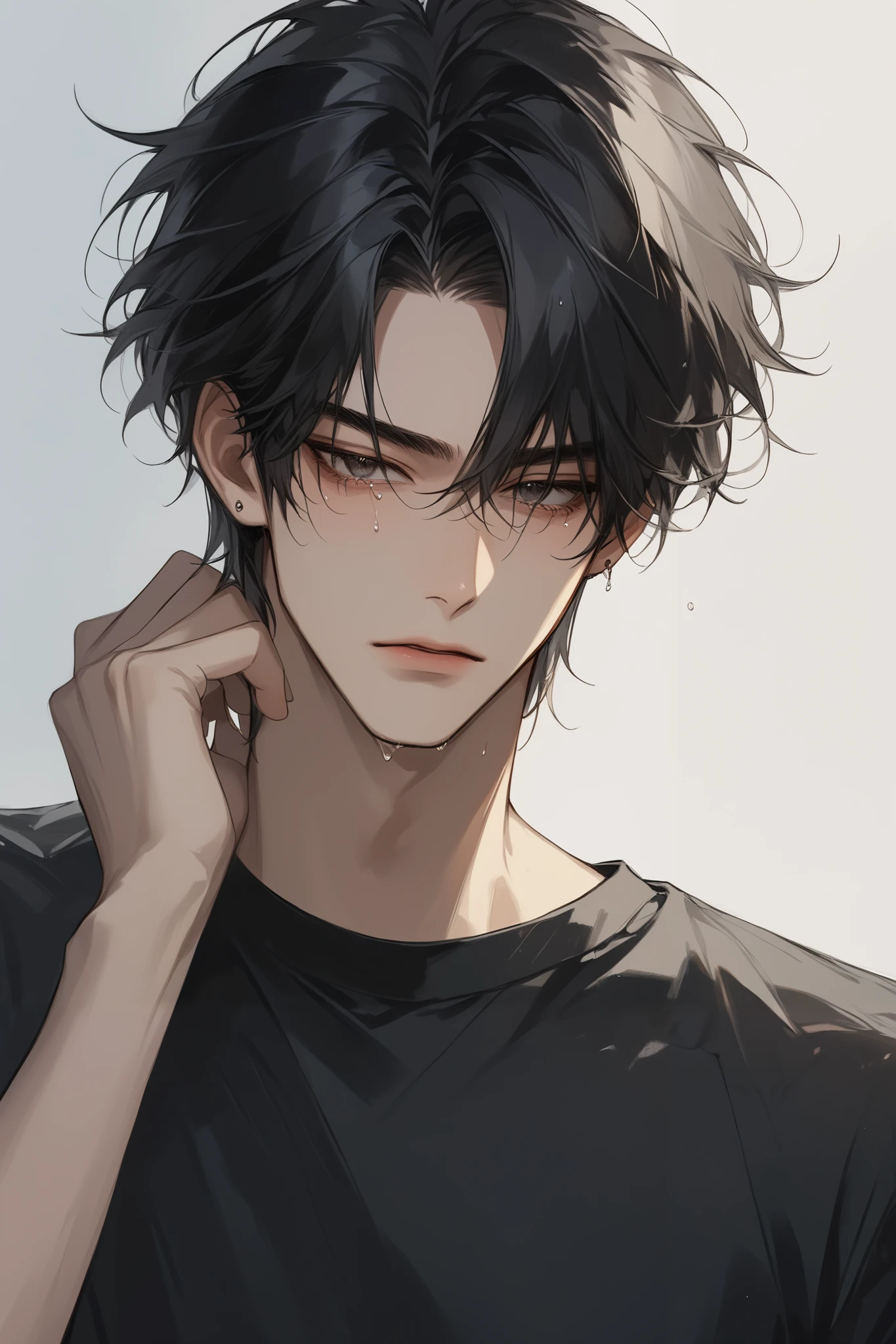 (score_9, score_8_up), medium hair, masterpiece, best quality, 1 man , black hair , perfect face , black eye , handsome male , Alone, adult male , delicate line drawingimpasto, masterpiece, high resolution, Top quality, unique , 1 male , nice , tanned skin , black haired, black t-shirts, a dirty person, tears