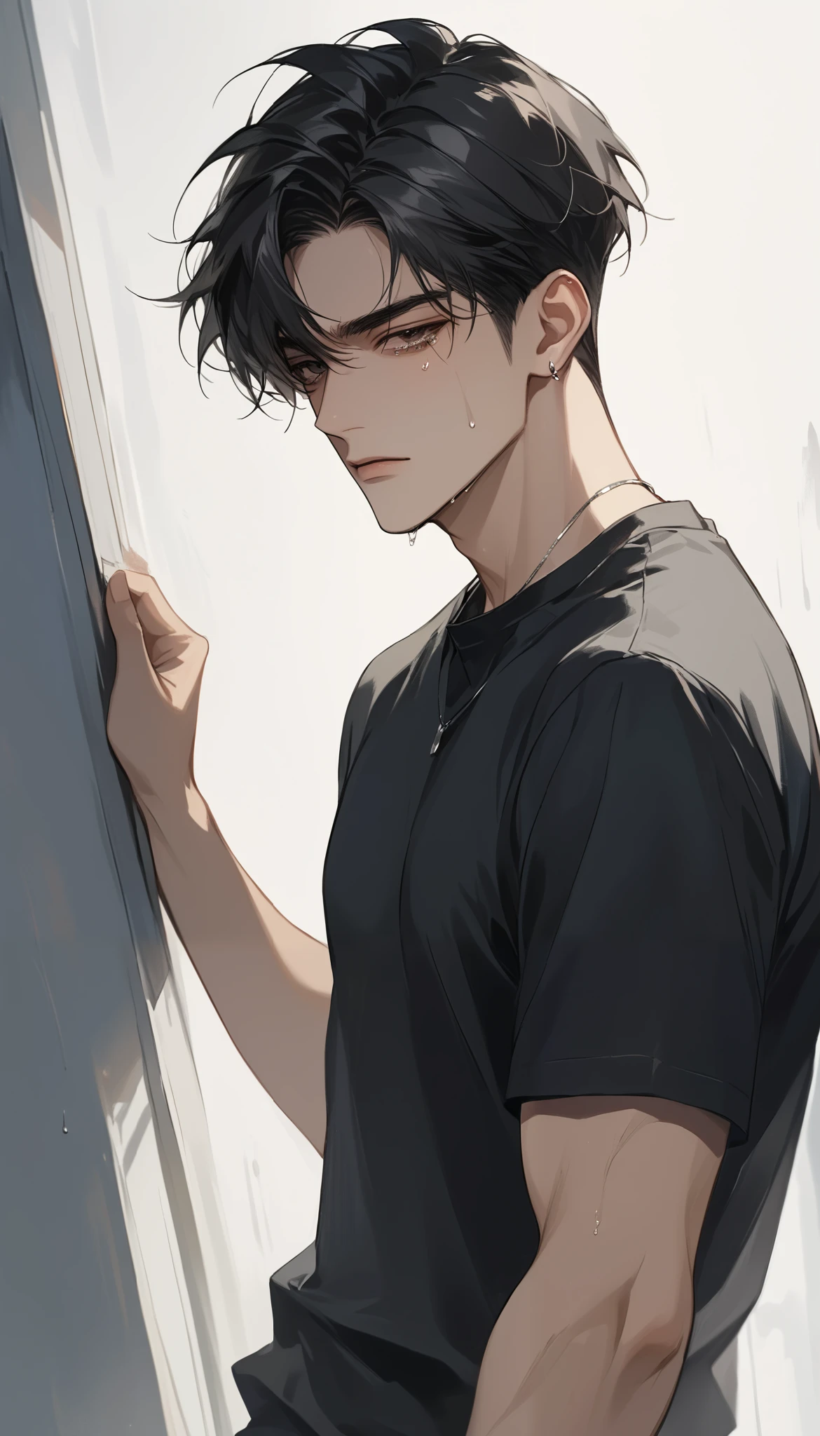 (score_9, score_8_up), medium hair, masterpiece, best quality, 1 man , black hair , perfect face , black eye , handsome male , Alone, adult male , delicate line drawingimpasto, masterpiece, high resolution, Top quality, unique , 1 male , nice , tanned skin , black haired, black t-shirts, a dirty person, tears