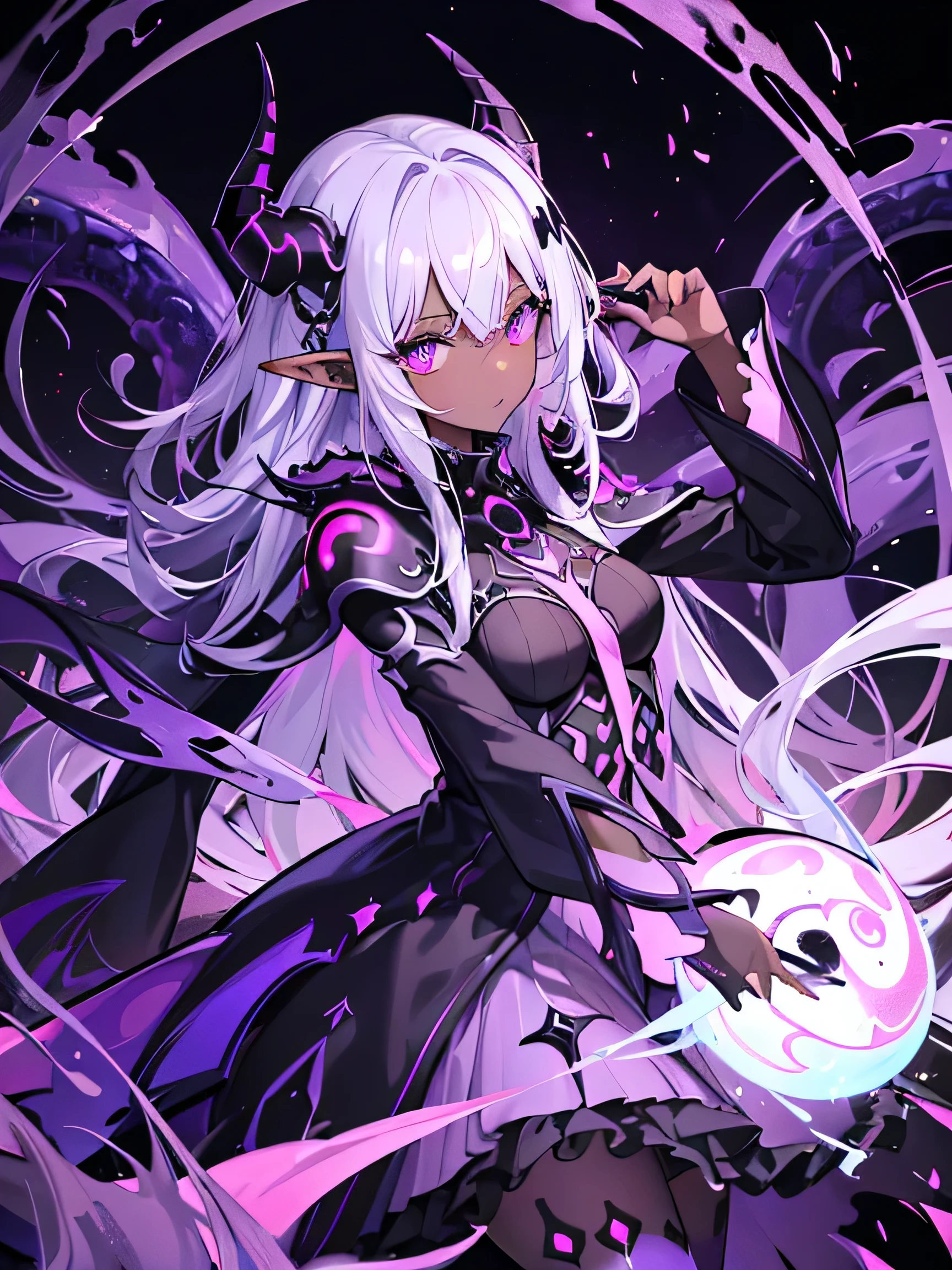 absurdres, ((high-resolution)), ultra detailed, vivid colors, abyssal goddess, dark female elf, dark skin, horns, white hair, ((medium hair:1.2)), (sidelocks:1.3), purple eyes, disheveled hair, long sleeves, fril gothic dress, purple and pink outfit, abyssal, darkness, tentacles, fractal, psychedelic, Whimsical