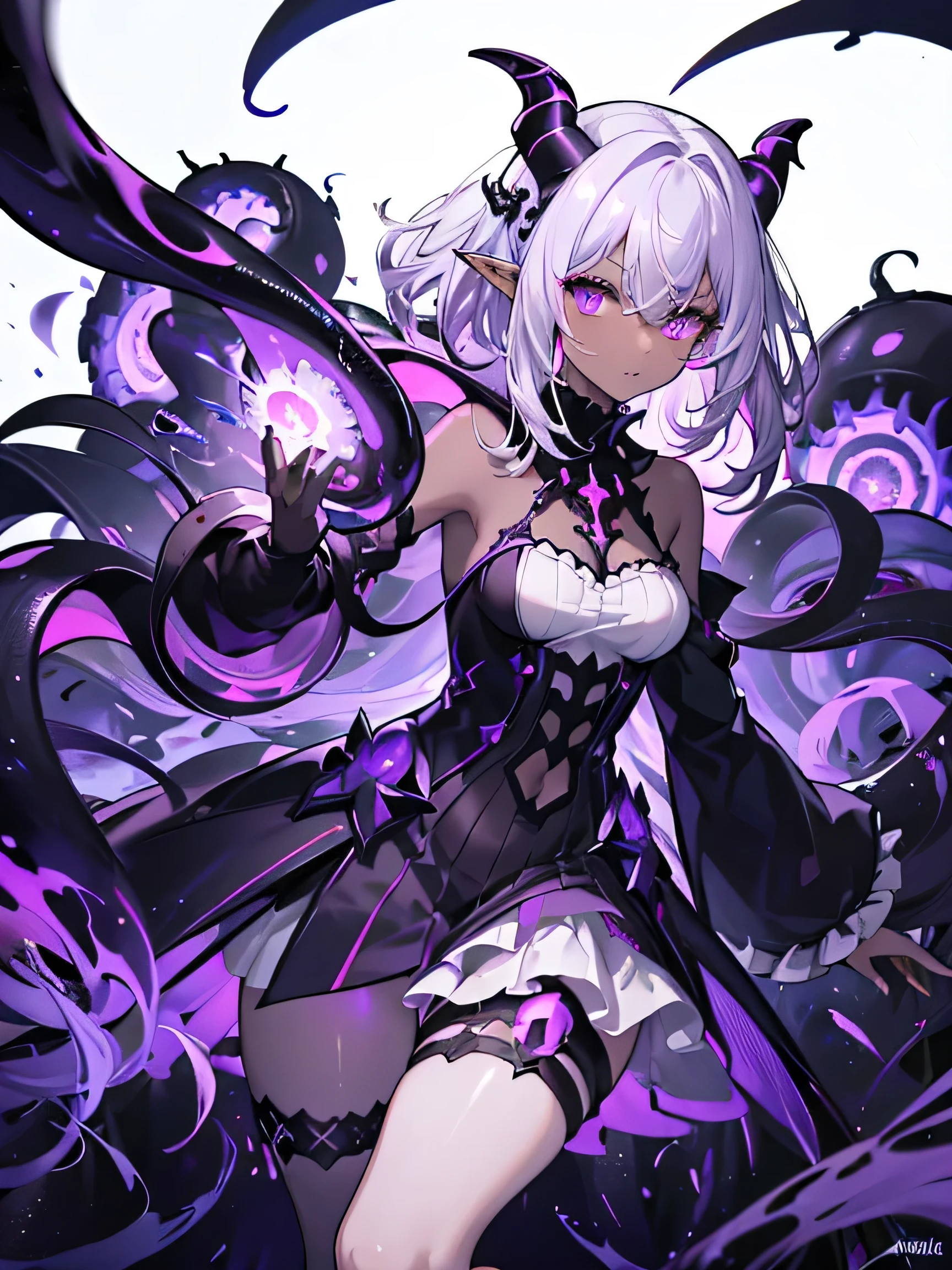 absurdres, ((high-resolution)), ultra detailed, vivid colors, abyssal goddess, dark female elf, dark skin, horns, white hair, ((medium hair:1.2)), (sidelocks:1.3), purple eyes, disheveled hair, long sleeves, fril gothic dress, purple and pink outfit, abyssal, darkness, tentacles, fractal, psychedelic, Whimsical