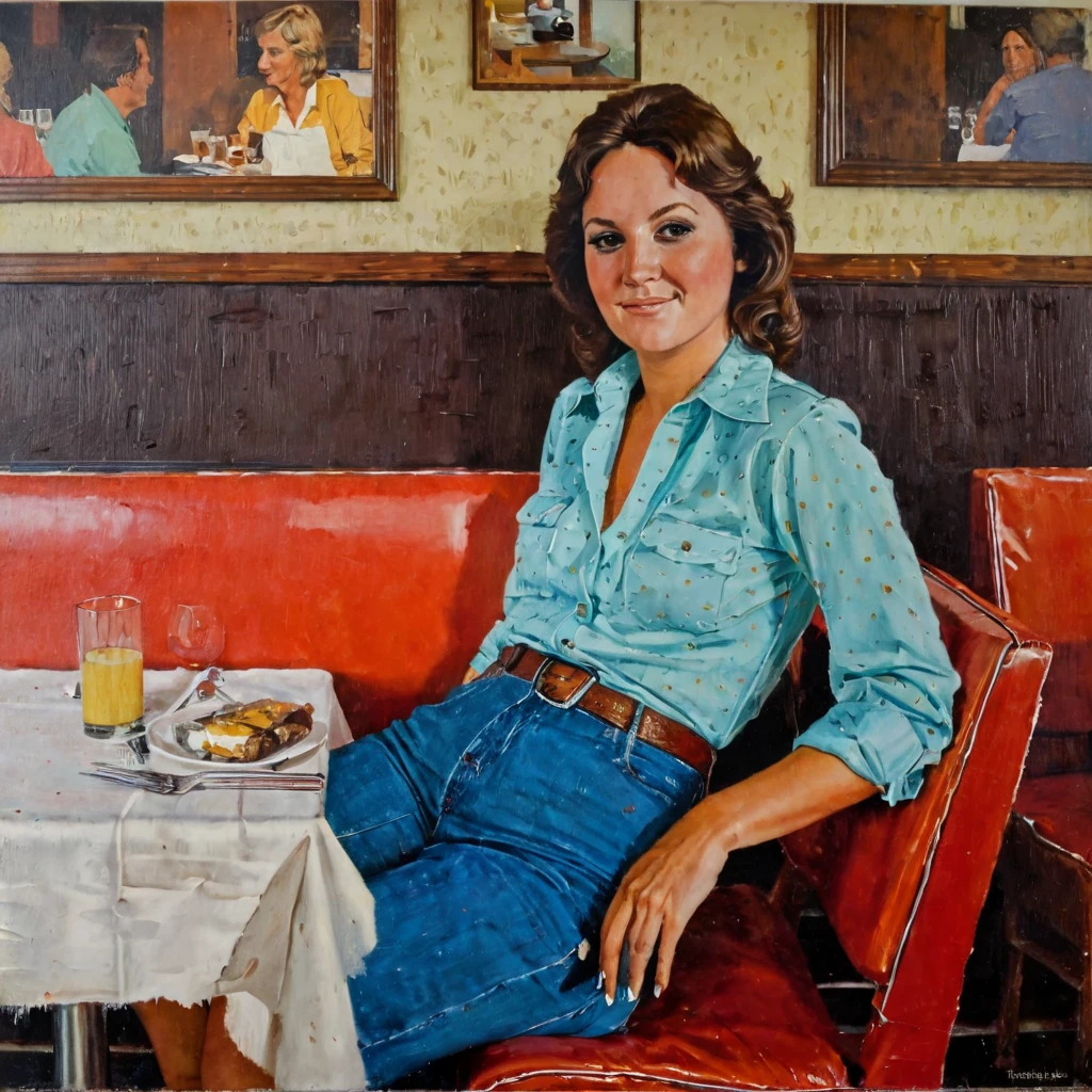 70's robert bechtle depicting painting, vintage painting of a casual woman, seating in a restaurant.