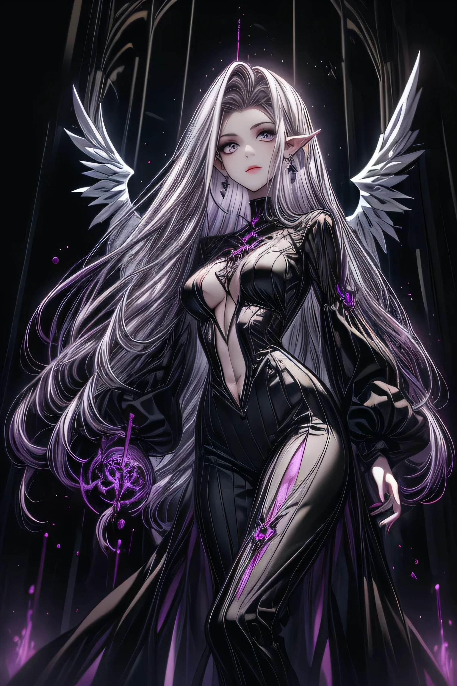 slender woman,  with Rapunzel style hair, bicolor purple and white hair, in clothes that are very tight to the body, Angel wings, bleeding.  dark background , abstract shapes, dark female elf,