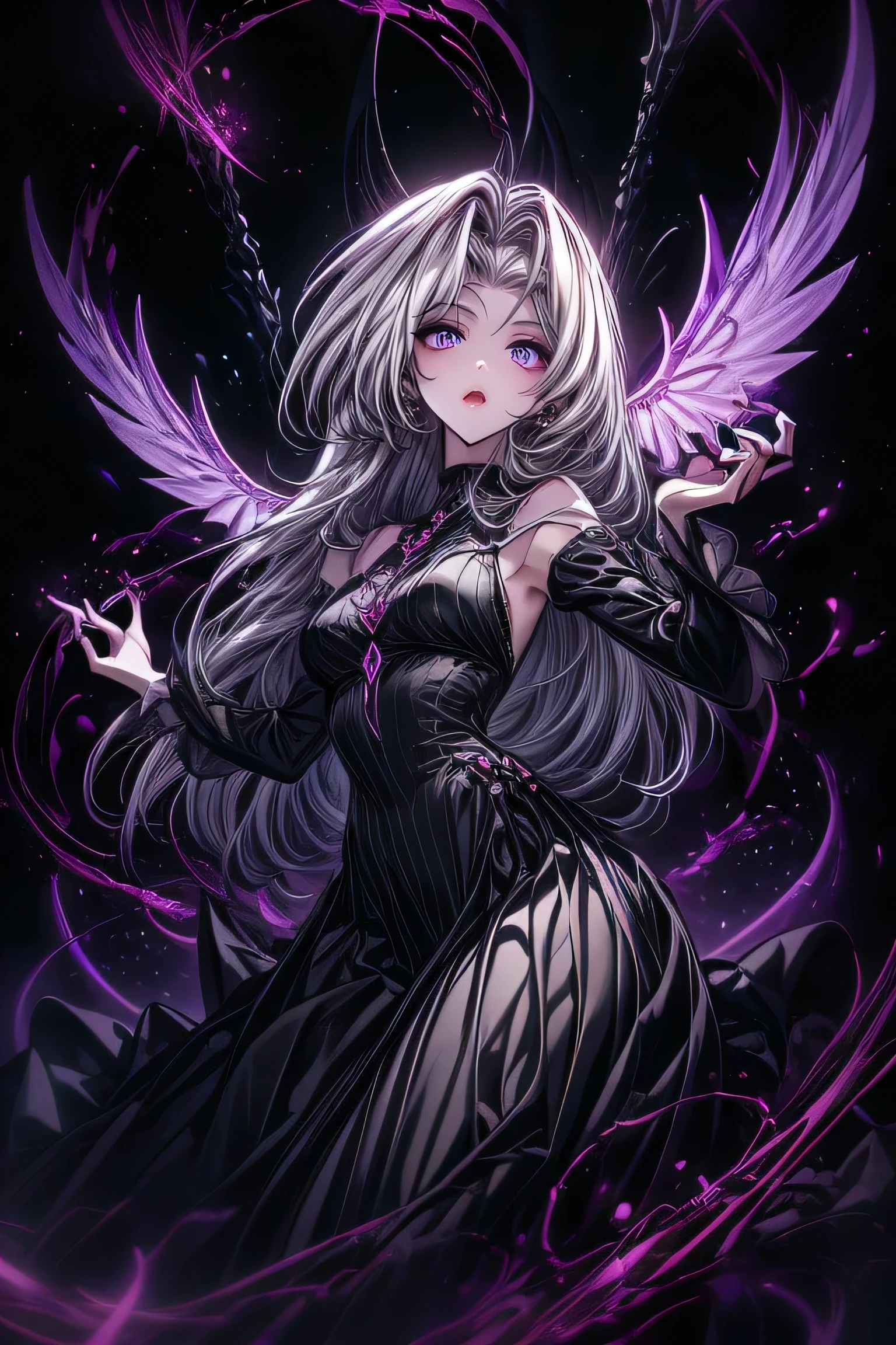 slender woman,  with Rapunzel style hair, bicolor purple and white hair, in clothes that are very tight to the body, Angel wings, bleeding.  dark background , abstract shapes, dark female elf,