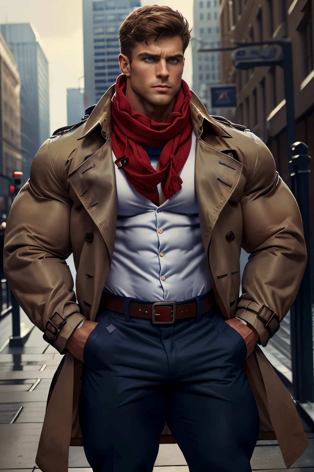 1men, very handsome and bodybuilder man , (Perfect big blue eyes:1.2), (very short messy hair:1.1), (wearing a navy trench coat, a red scarf, a white shirt with a brown belt, and navy slacks:1.2), (put your hands in your pockets:1.1), (very large biceps), (Very large pectoral muscles:1.1) ,  standing sideways on a NY, close-up portrait head, Closeup View,