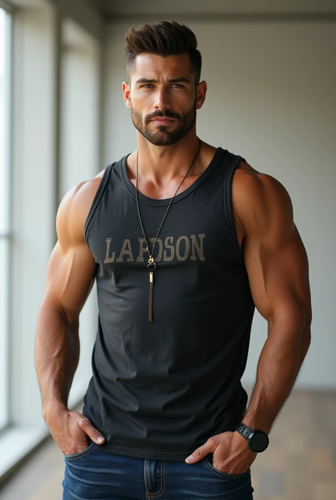 Photograph of a shirtless, hairy, athletic white man with a thin gold chain and one hand on the back of his head, He is holding a sign that has the following letters written on it in this order: trytons