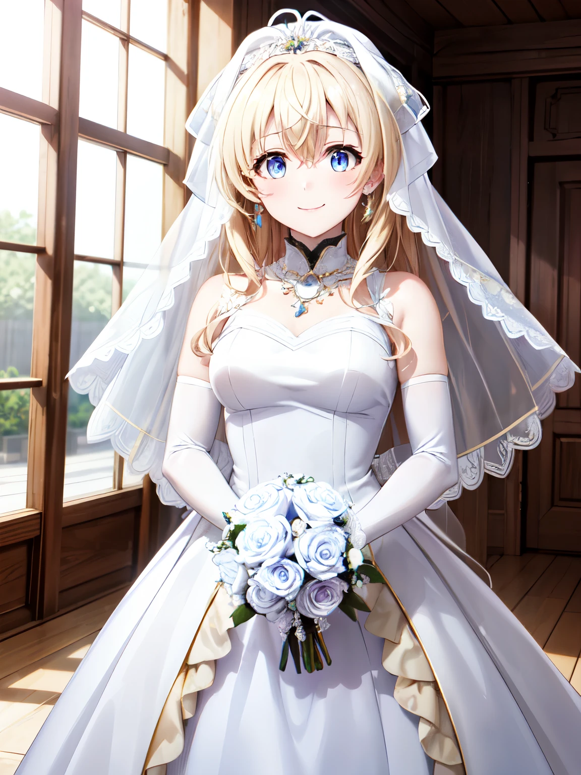 resolution、 top quality 、 super high quality 、 One Girl 、 closed mouth、、solo、priestess、 shot from the front 、Standing、smile、( anime illustration style:1.10),8k、Golden Long Beautiful Hair 、Attractive light blue eyes、 physics-based rendering 、 sandy beach_white_Shirt、smile、( Pure White Wedding Dress :1.5),A bouquet in hand、 pure white dress、 necklace、 earrings for women with first name、lipstick、(Lace gloves:1.3)、long white dress、 cowboy shot、(Genuine、 real、 real)、 super fine paint 、 sharp focus 、 Physically Based Rendering 、 cowboy shot