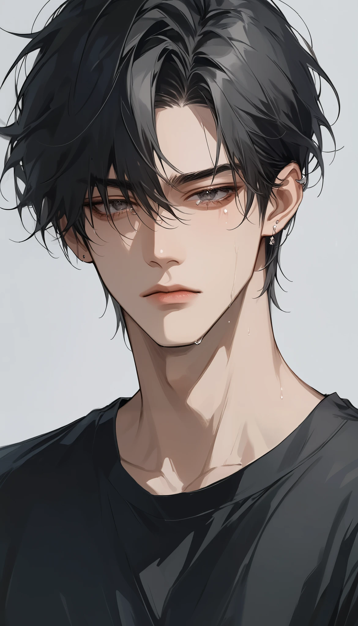 (score_9, score_8_up), medium hair, masterpiece, best quality, 1 man , black hair , perfect face , black eye , handsome male , Alone, adult male , delicate line drawingimpasto, masterpiece, high resolution, Top quality, unique , 1 male , nice , tanned skin , black haired, black t-shirts, a dirty person, tears