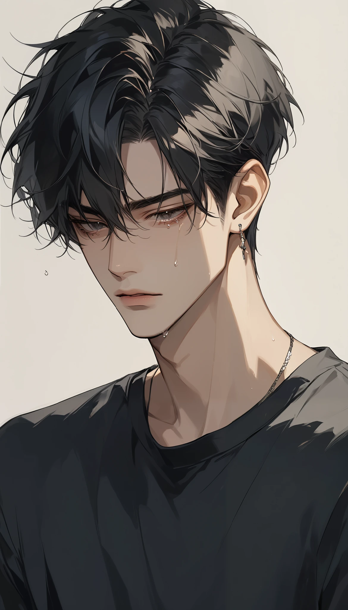 (score_9, score_8_up), medium hair, masterpiece, best quality, 1 man , black hair , perfect face , black eye , handsome male , Alone, adult male , delicate line drawingimpasto, masterpiece, high resolution, Top quality, unique , 1 male , nice , tanned skin , black haired, black t-shirts, a dirty person, tears