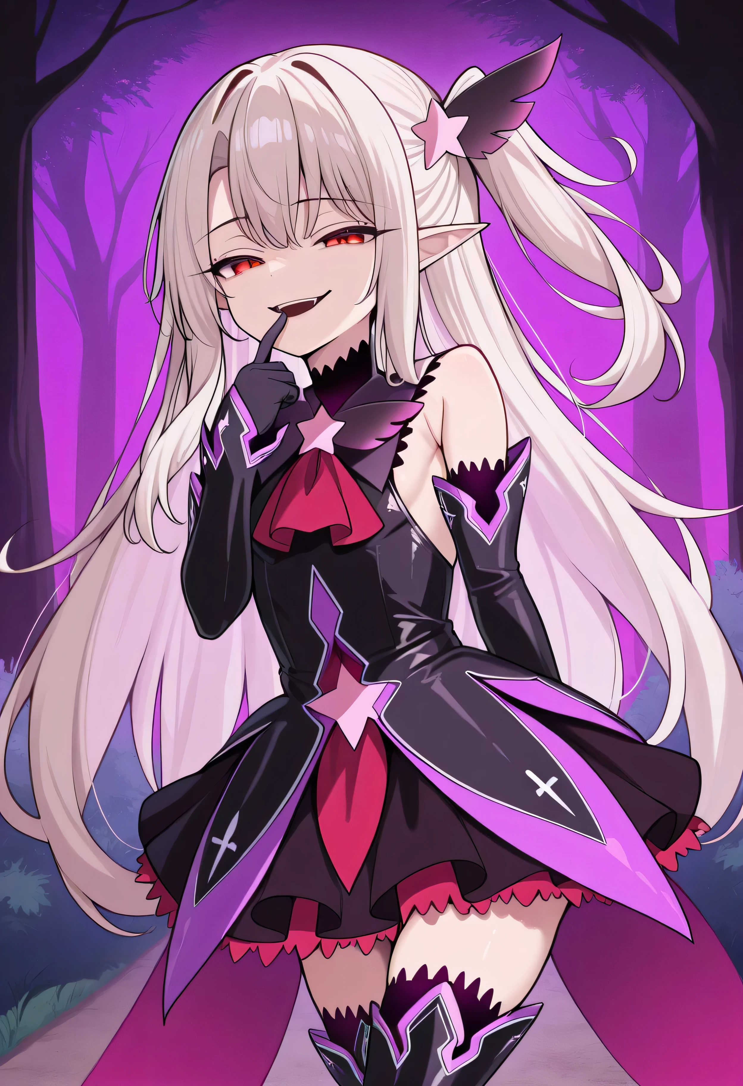 white hair, red eyes, long hair,side ponytail, hair ornament, black dress, magical girl, corruption, detached sleeves, black thigh Boots, evil smile, finger to mouth, outdoors, park   masterpiece, best quality, amazing quality, very aesthetic, absurdres, highres, newest, dark elf