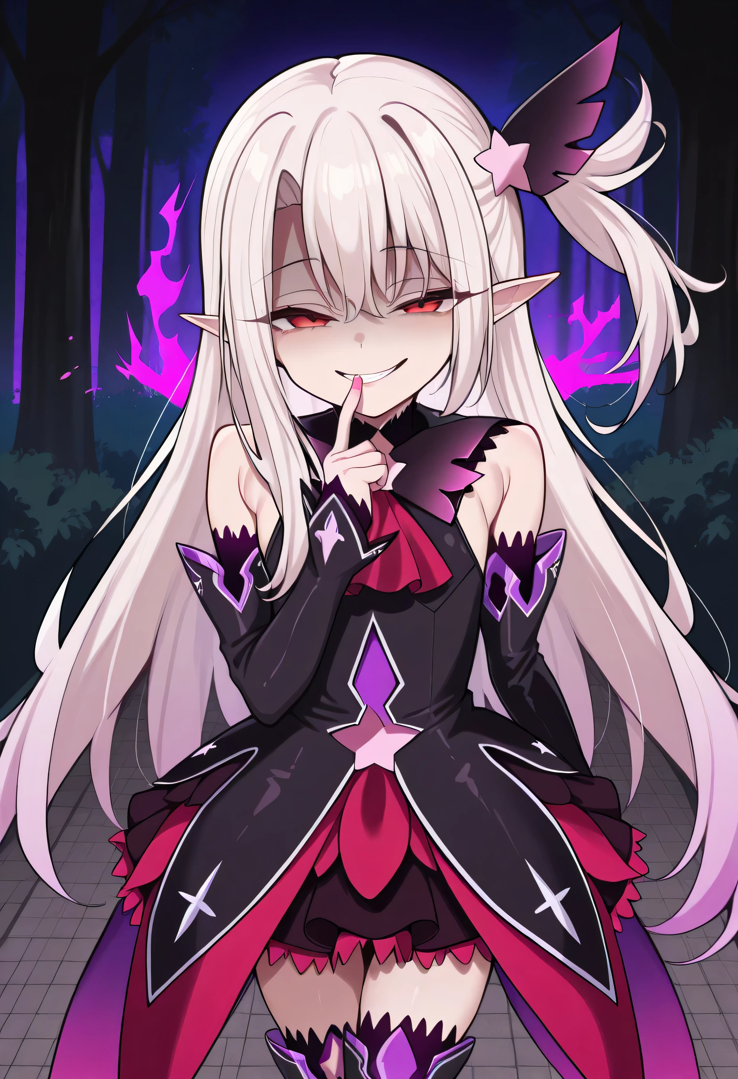 white hair, red eyes, long hair,side ponytail, hair ornament, black dress, magical girl, corruption, detached sleeves, black thigh Boots, evil smile, finger to mouth, outdoors, park   masterpiece, best quality, amazing quality, very aesthetic, absurdres, highres, newest, dark elf