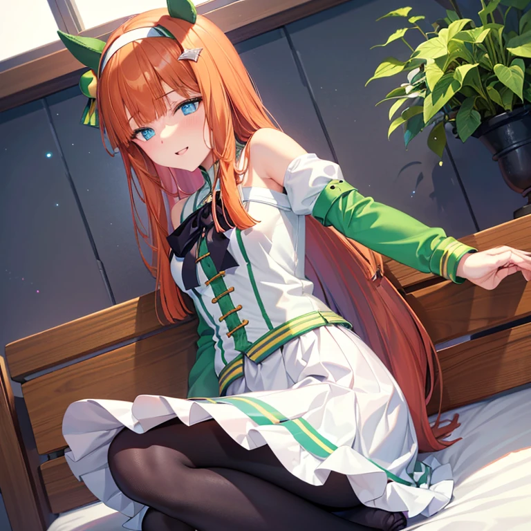 Must-have items,  top quality ,  Highly Detailed CG Unity 8K Wallpaper , 
High school girl with horse ears、 long orange straight hair、 small breasts、Beautiful slender body、 green eyes、Horse tail earmuffs、Puffy sleeves、Layered white short sleeves and lime green long sleeves、 Black Gloves 、White skirt with lime green sleeves、blush、 ashamed、 sit on the bed、((From below))、 leg focus 、(( black pantyhose holding a puppy))、feet、feet focus、 leg focus 、((Five fingers))、Two legs、Slim and beautiful legs、sweating、vapor、 stretch your feet into your line of sight 、Sweaty legs、Generous neckline, (Blue eyes without pupils),  long eyelashes, Close to reality,  cool face , Shameful pose , Center,  Expanded to Size ,  ( high dynamic range ), ray tracing, Super Resolution,black spats 、 medium breasts , Shy laugh、(( Open her legs wide   ))、Wet breasts and crotch、Open your knees、Massage your breasts with your hands）、Wet breasts and crotch、Open your knees、Massage your breasts with your hands）、Magic book、church Bed、 black wet pantyhose 、 close your eyes、 red cheeks 、Hold down skirt with hands、Panchi et al.、Climax、 opens his crotch wide、Women's Earrings 、Wet sheets、 Night Bed、Open your mouth a little、Indoors at night、 exposes shoulder