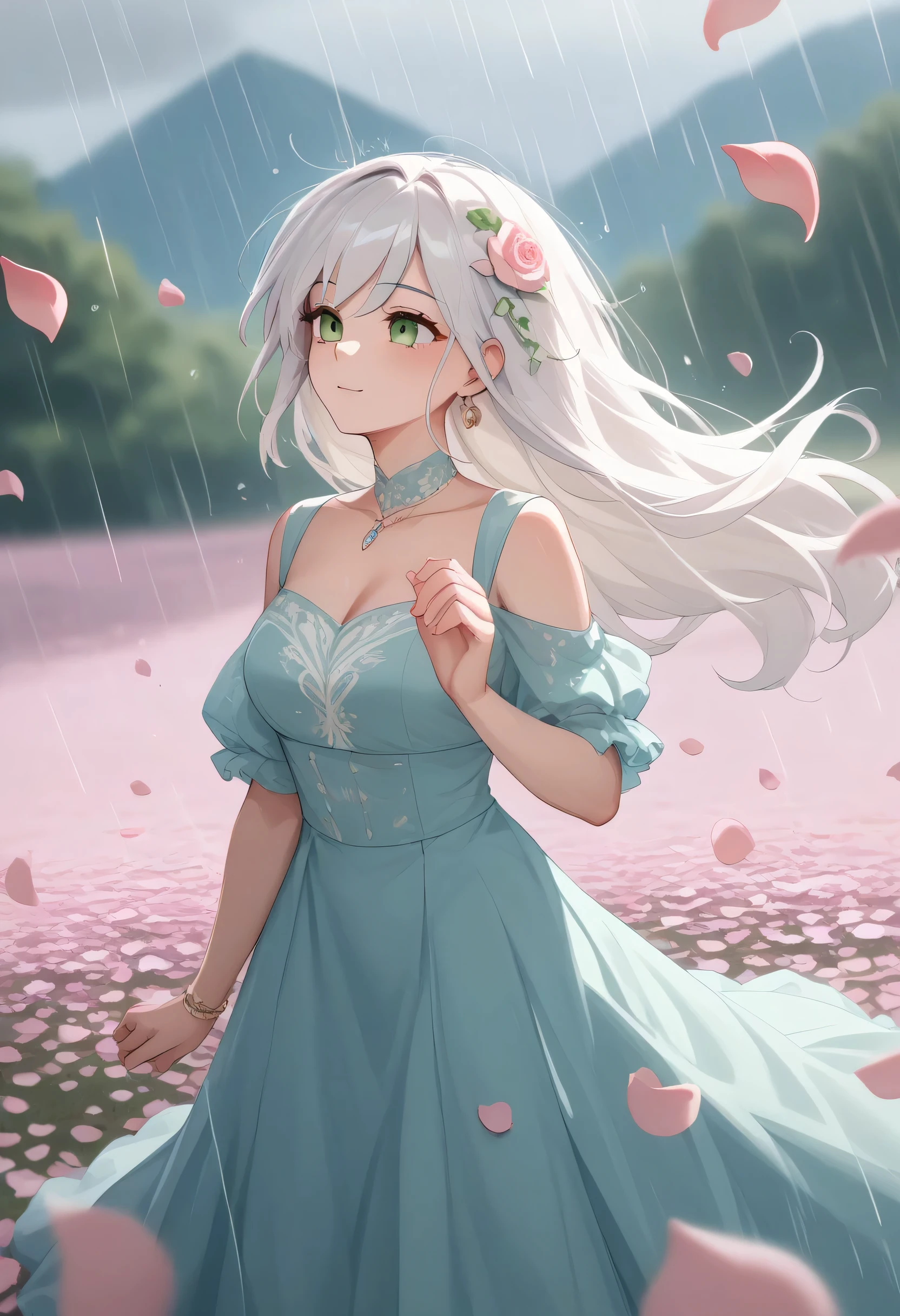 Works made in 、( petals fall like rain :1.8)、Beautiful flower field、 highlighted petals 、 glittering petals fly down from the sky、 Inspiring scenes 、 Beautiful Artwork 、 works featuring bright colors 、 holding hands in the ground 、 looks up、 Light effects