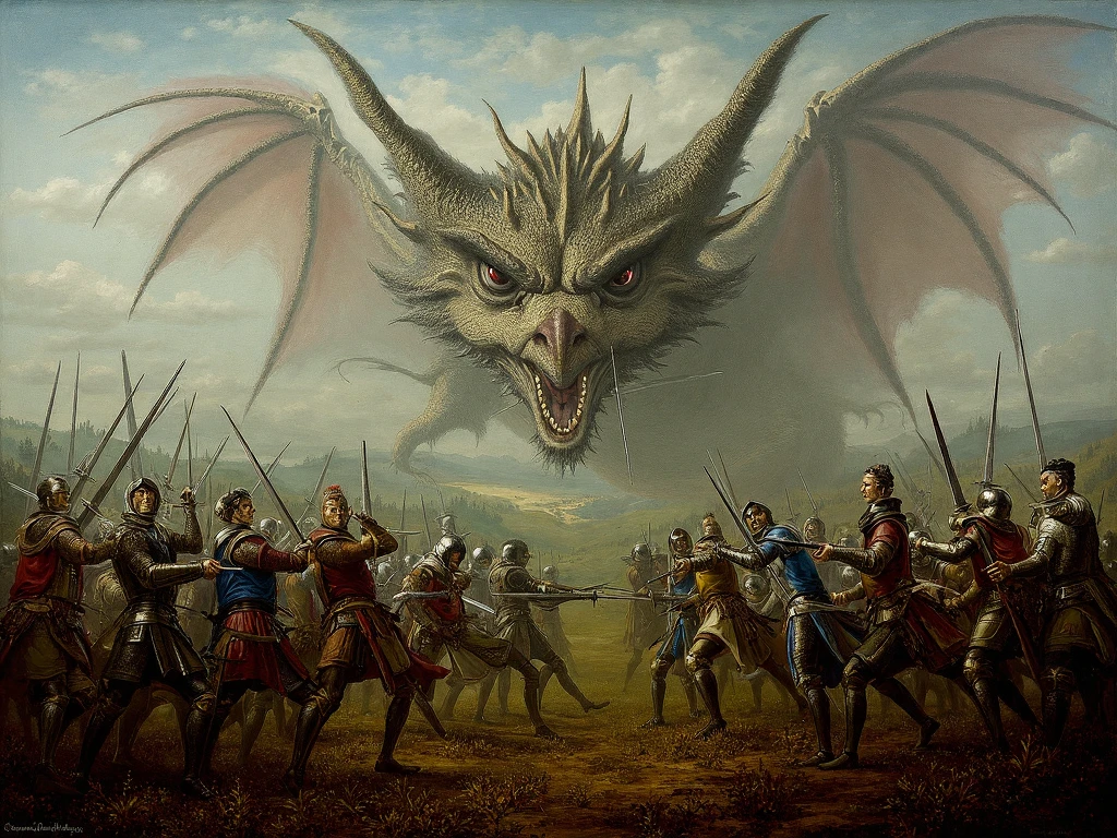 Hyper-realistic_detailed_wide manga_scene, Detailed scene with many extremely detailed and sharp details, wounded ancient giant dragon on a medieval battlefield surrounded by soldiers and mercenaries fighting each other with swords_spears_shields, by Kentaro Miura, by Claudio Pilia, background shows a misty_dark medieval_battlefield with many details like banners waving in the wind_burning catapult projectiles_in the sky_broken weapons_collapsed soldiers and horses Very accurate and realistic dragon details Extremely detailed throughout the scene Hyper-detailed battle scene Extensive cinematic scene Intense combat Extremely detailed dragon scales_eyes_head Extremely detailed weapons and armor Extremely detailed faces show an incredibly detailed film scene with an extremely large number of details.
