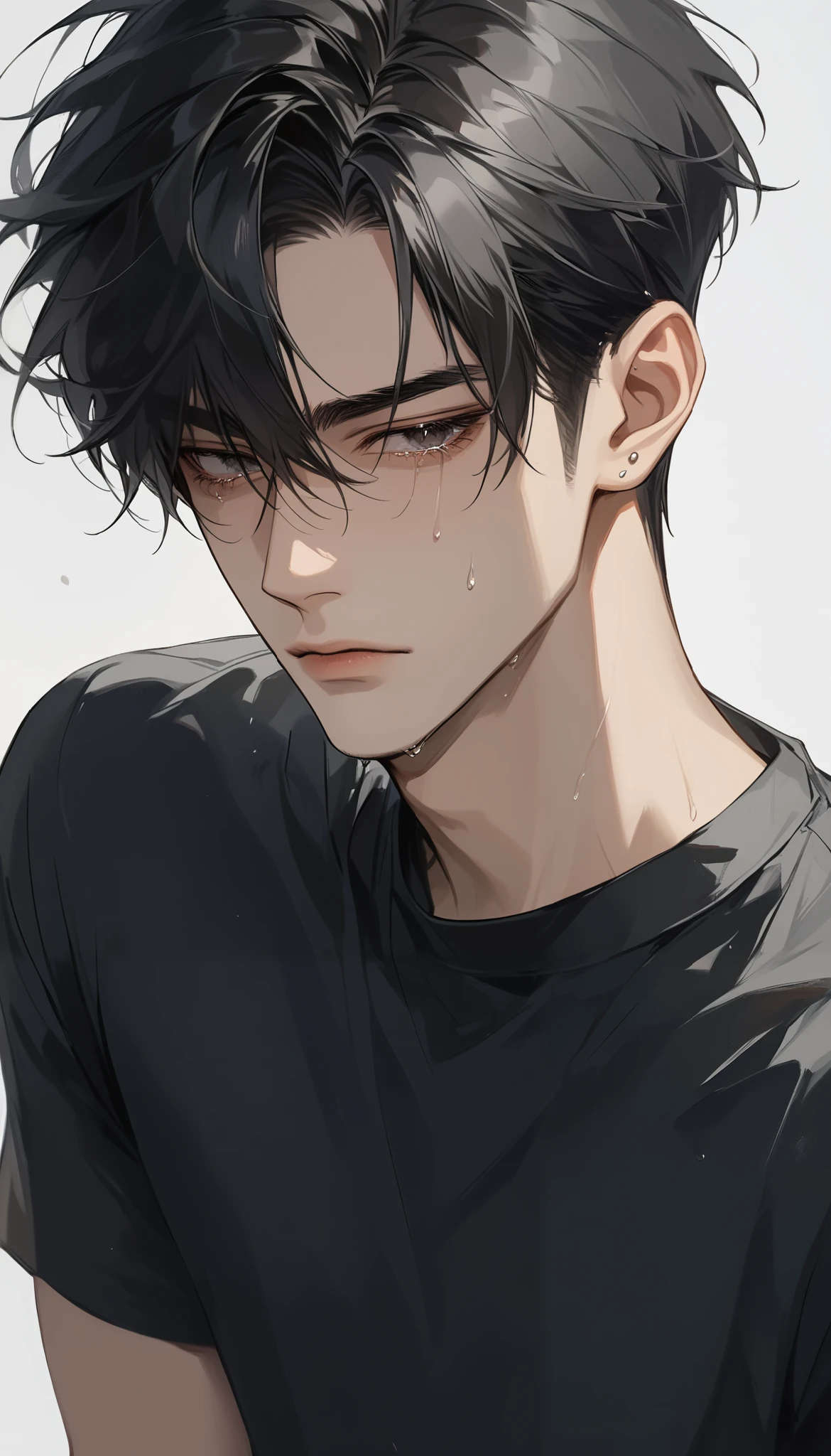 (score_9, score_8_up), medium hair, masterpiece, best quality, 1 man , black hair , perfect face , black eye , handsome male , Alone, adult male , delicate line drawingimpasto, masterpiece, high resolution, Top quality, unique , 1 male , nice , tanned skin , black haired, black t-shirts, a dirty person, tears