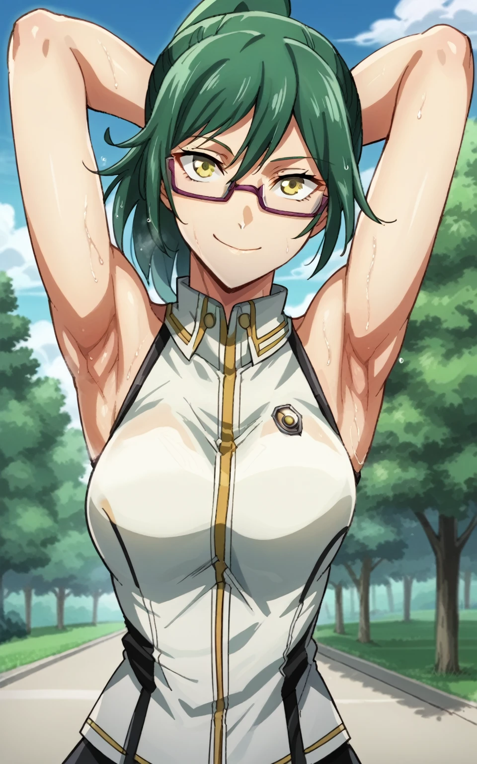 score_9, score_8_up, score_7_up, source_anime, anime screencap, 1girl, solo, Maki Zenin, yellow eyes, green hair, ponytail hair, glasses , large breasts, wearing alisa god eater outfit, arms behind head, armpits, looking at viewer, head towards viewer, smile, badhandv4, outdoors, park, bare shoulders, bare arms, closed mouth, sweaty armpits