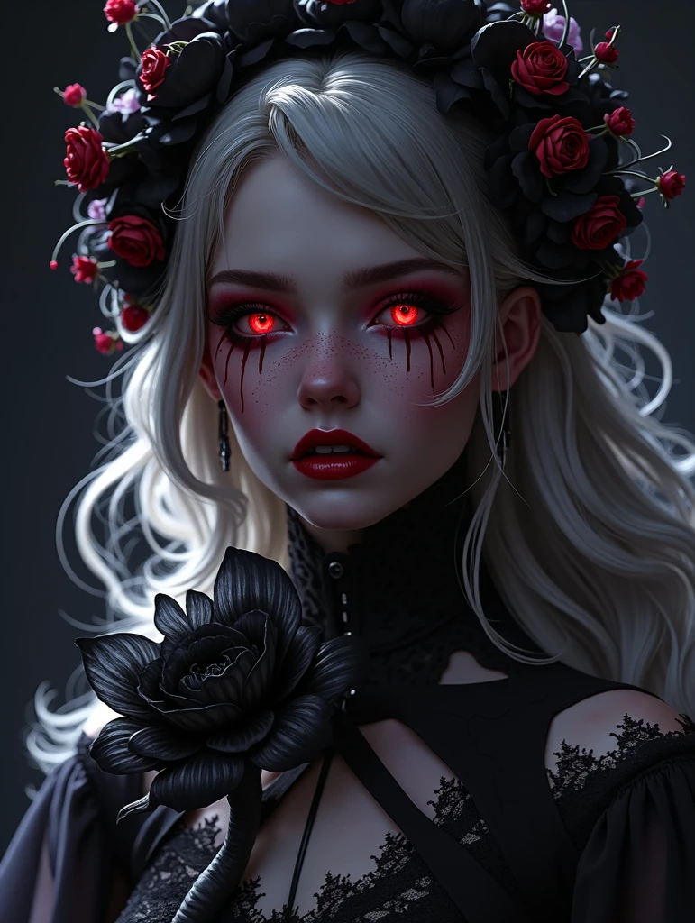 (reminiscent, captivating, and dreamy atmosphere),(malicious gaze with red eyes, porcelain skin, a mischievous smile), their decomposing face with exposed teeth, Crying blood, Red Flowers