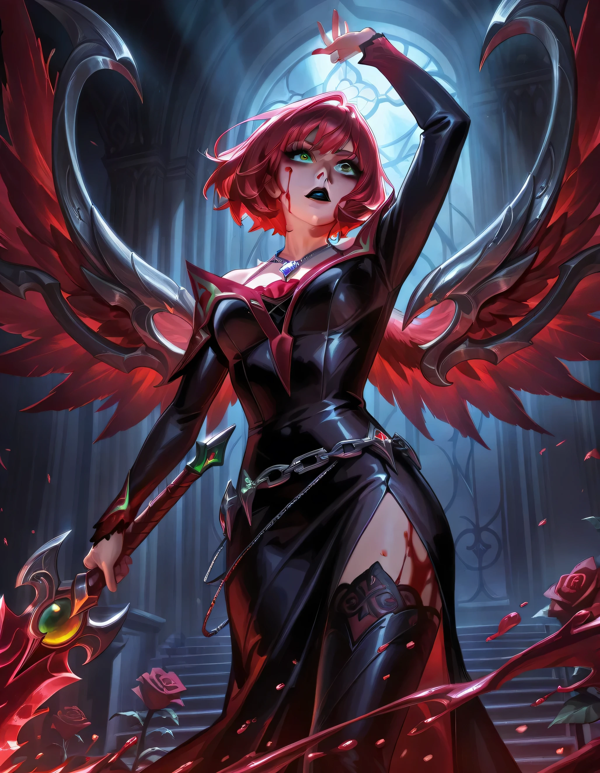 (masterpiece), best quality, expressive eyes, perfect face,  blood mage girl, white skin, green eyes, short red hair, bangs, long black bodycon dress, slick, black lips, silver pendant,((a red wing on the left side of the back)) red angel wings, silver chain belt, looking at you,  long black cape, red inside, red details, black stilettos, silver buckles, red chains, holding blood sword, dark, night, moonlight, roses, red hair ,messy short hair, splash art pose, solo