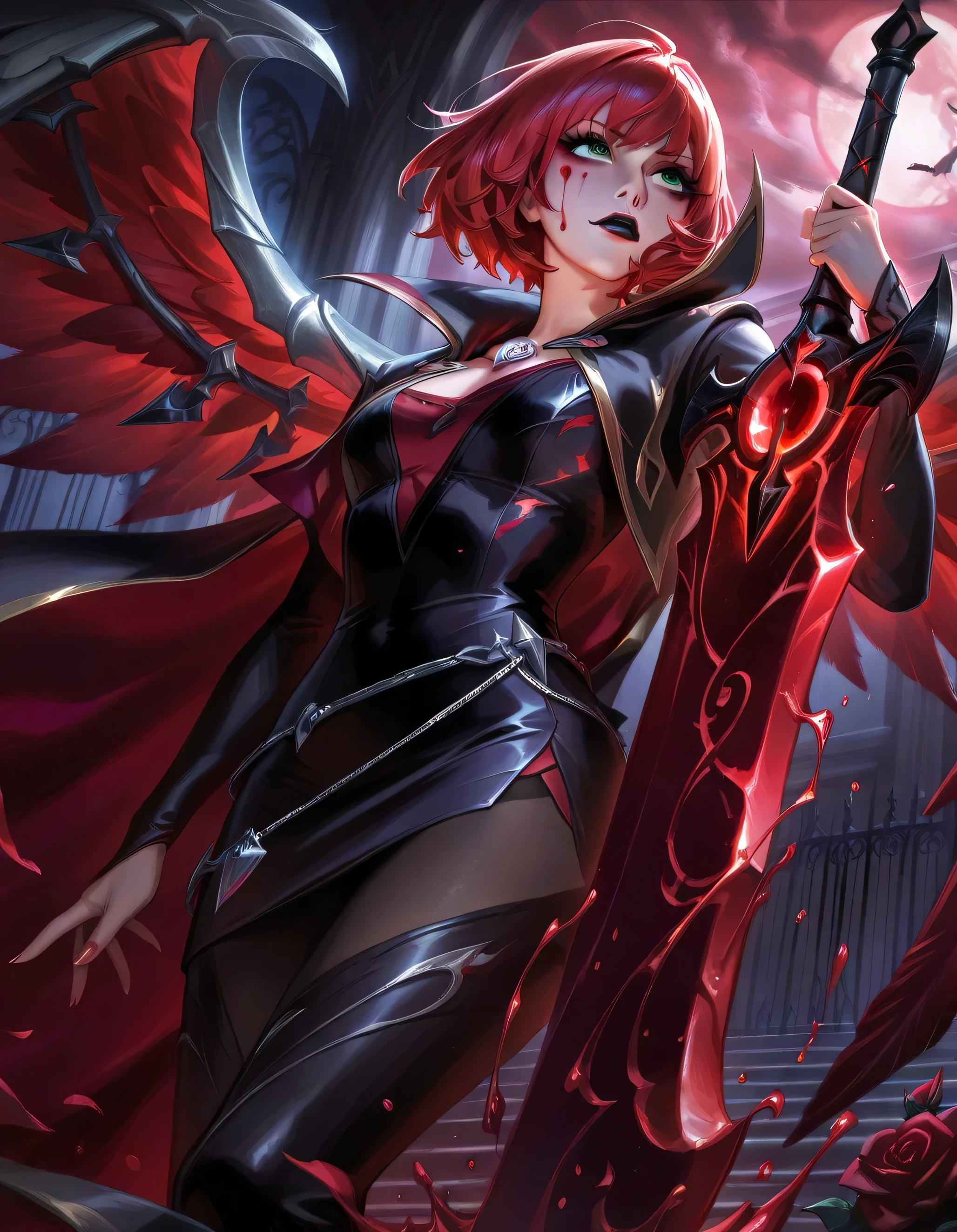 (masterpiece), best quality, expressive eyes, perfect face,  blood mage girl, white skin, green eyes, short red hair, bangs, long black bodycon dress, slick, black lips, silver pendant,((a red wing on the left side of the back)) red angel wings, silver chain belt, looking at you,  long black cape, red inside, red details, black stilettos, silver buckles, red chains, holding blood sword, dark, night, moonlight, roses, red hair ,messy short hair, splash art pose, solo