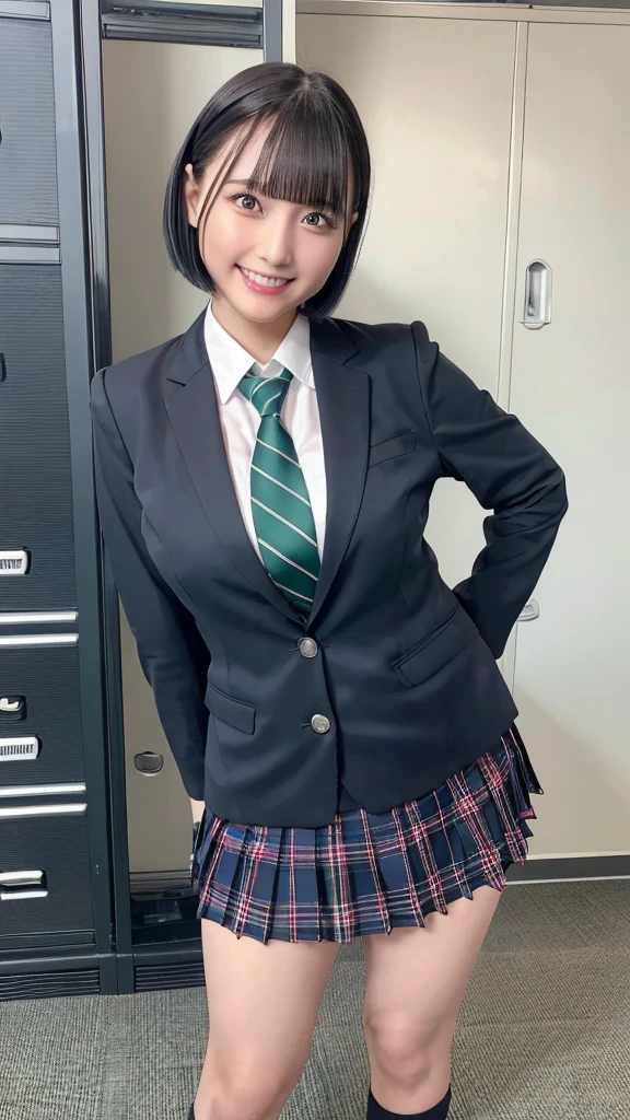 (((black blazer, navy plaid school skirt, green necktie)))、 ((((black short bob hair, bangs)))),(((grin face, scornful eyes:1.2)))、 (standing), Japanese、((((Round face))))、((big cheeks))、(((Cute Face)))、(((Japaneseジュニアアイドル)))、(((background: bright locker room))), High resolution、high resolution、In 8K,Highly detailed eyes and face、超High resolution, High resolution、high resolution、In 8K