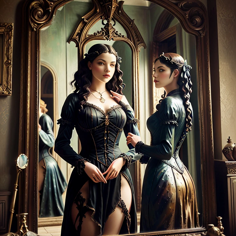 1 girl, Young, nice ass, dark green eyes, black hair, palace, Gothic style of architecture, Slim physique, dress with corset, straight high nose.