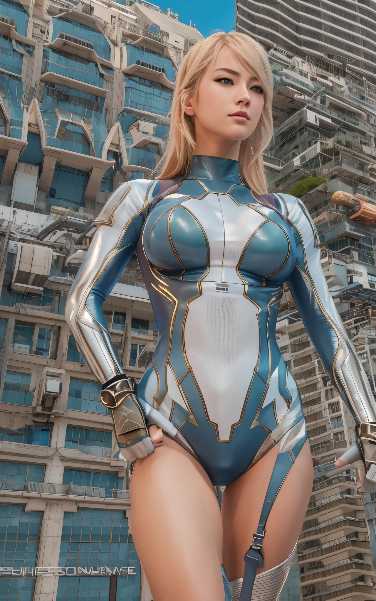 ((Best Quality)), ((masutepiece)), (Detailed: 1.4), (Absurd), Caucasian female fighter pilot ready for war, front walking, muscular sculptural body defined, Closed mouth, muscular body covered by technological clothing, Cyberpunk, ((perfect large breasts)), (blue eyes without pupils), long manga-style eyelashes, close to real, Crazy face, Sexy Pose, Centered, scale to fit the dimensions, nffsw (High dynamic range),Ray tracing,Hyper-Resolution,Unreal 5,Subsurface Dispersion, PBR Texture, Post-processing, Anisotropy Filtering, depth of fields, Maximum clarity and sharpness, Multilayer textures, Surface Shading, accurate simulation of light and material interactions, Perfect proportions, thirds rule, top-quality, ultra-detailliert, Being on the roof of a skyscraper, Smooth bodysuit, spiffy zero suit