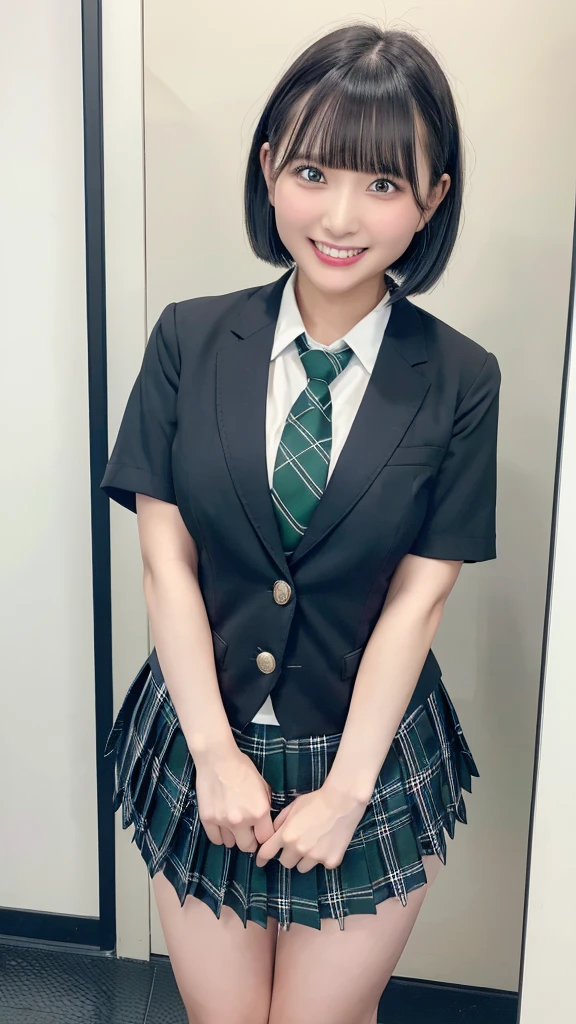 (((black blazer, navy plaid school skirt, green necktie)))、 ((((black short bob hair, bangs)))),(((grin face, scornful eyes:1.2)))、 (standing), Japanese、((((Round face))))、((big cheeks))、(((Cute Face)))、(((Japaneseジュニアアイドル)))、(((background: bright toilet))), High resolution、high resolution、In 8K,Highly detailed eyes and face、超High resolution, High resolution、high resolution、In 8K