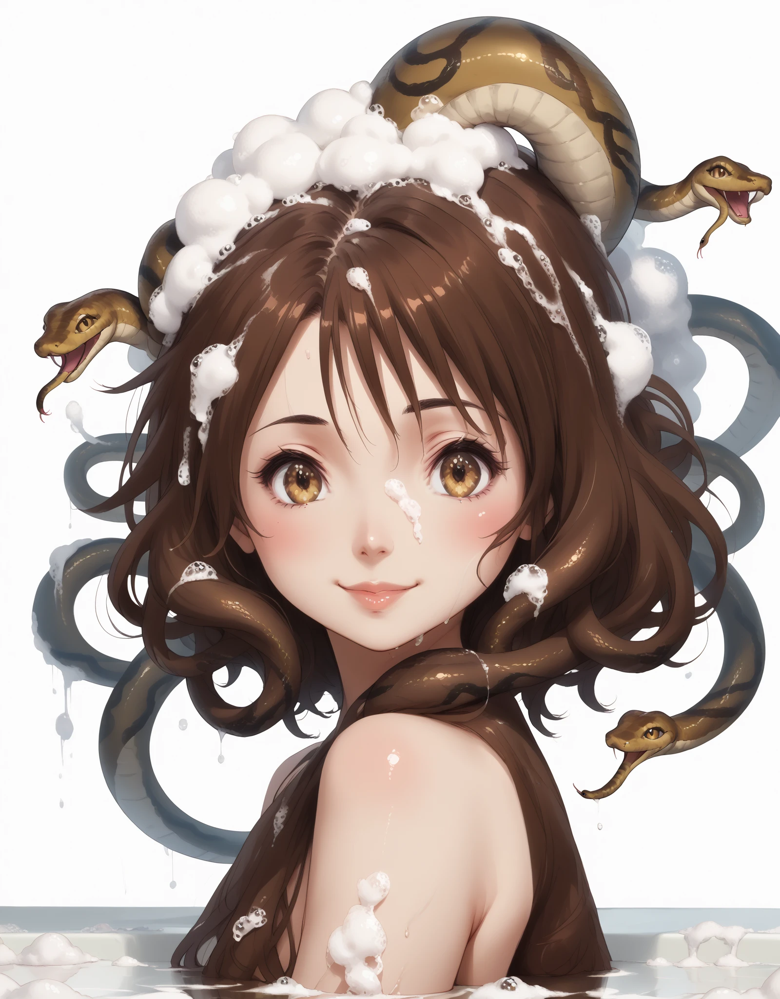 Japanese anime style illustration, 01sh, kumiko oumae, brown eyes, brown snakes hair, short hair, nude, 
Teenager, Charming Medusa girl smiling, 
head of hair all numerous snakes, from behind, looking back at viewer, 
washing head with shampoo foam, spread fingers, hands in hair, 
(large amount of foam in head of hair, snakes covered in foam, snakes with pained face) ,simple Background,
