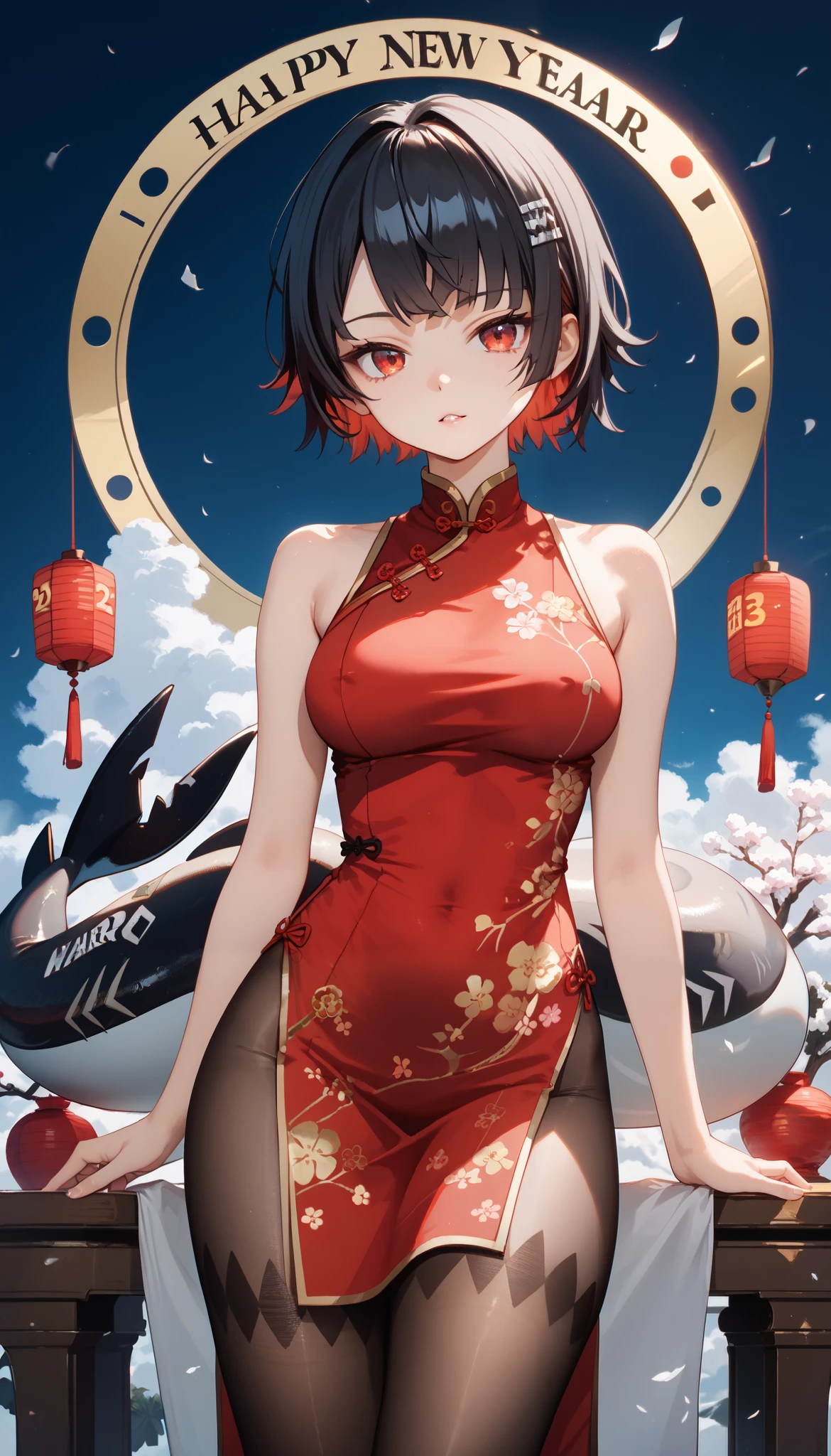 masterpiece, high-resolution ,Anime Art,Anime Numbers, 4k anime wallpaper,Soft Light, radiant skin, unique ,An anime girl,Standing, black hair, ombre short hair, red cheongsam, black pantyhose, red eyes ,Big breasts,thigh,Shark Tail,New Year Background