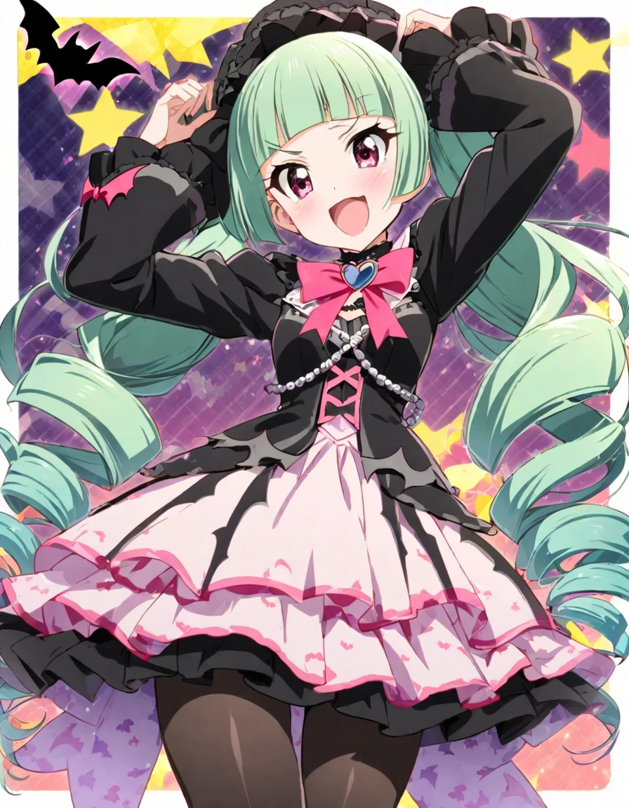 (((Aikatsu! style,yurika todo))),1girl,(Blunt bangs:1.3),light green hair,high twintail drill hair,slant eyes,gothiclolita,bat print black pantyhose, open mouth smile, masterpiece, best quality, very aesthetic