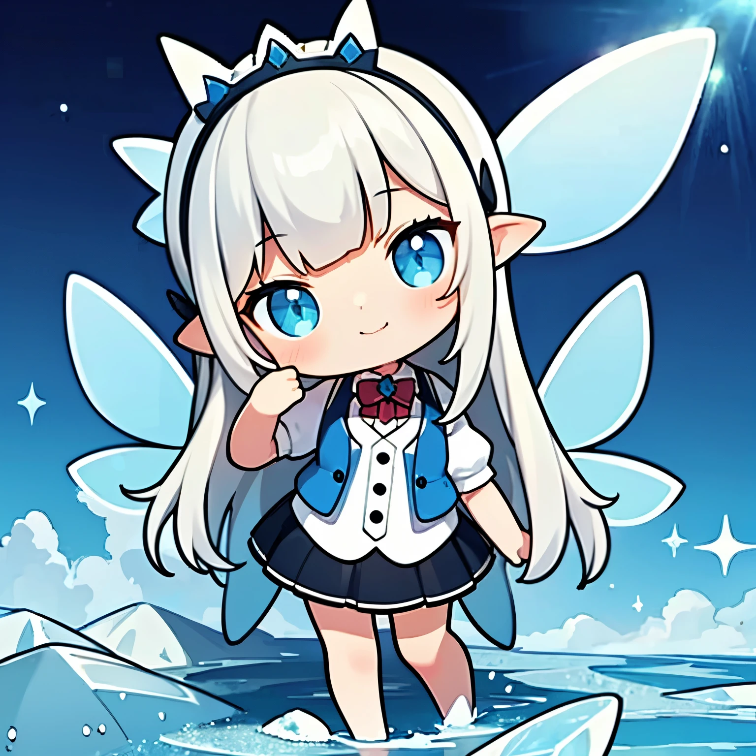  small mascot character artwork , change, Fairy,  white-haired: length,  blue eyes, small breasts, vest, garter,  hair accessories,  has an enchanting smile, sight,  head tilt , Behind the arm, ( slim), (Thin legs:  open legs),  high detail,  top quality,  Masterpiece , Detailed ice, Cumulonimbus, Beautiful details shine through, Wings with an ice crystal texture