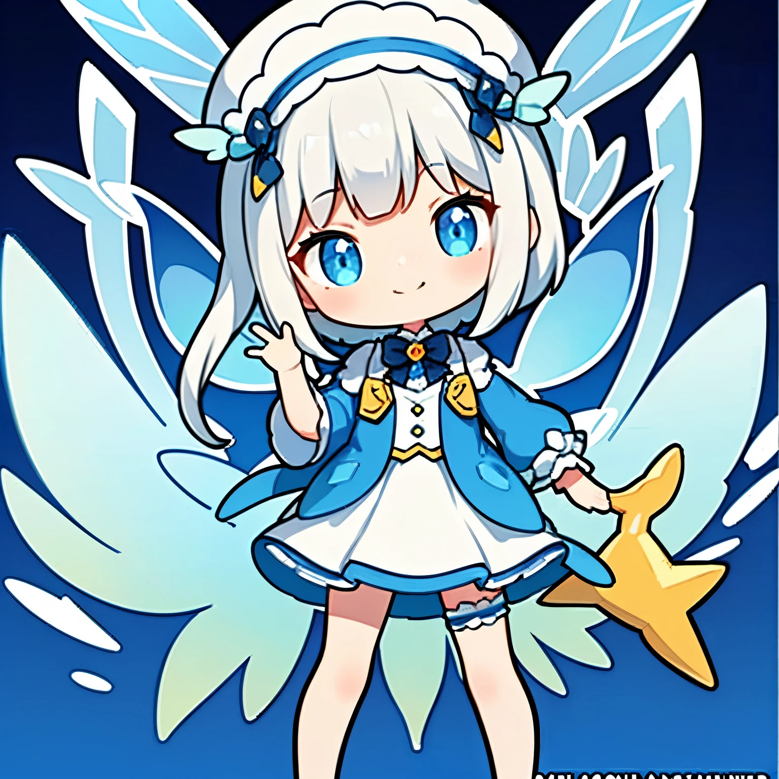  small mascot character artwork , change, Fairy,  white-haired: length,  blue eyes, small breasts, vest, garter,  hair accessories,  has an enchanting smile, sight,  head tilt , Behind the arm, ( slim), (Thin legs:  open legs),  high detail,  top quality,  Masterpiece , Detailed ice, Cumulonimbus, Beautiful details shine through, Wings with an ice crystal texture