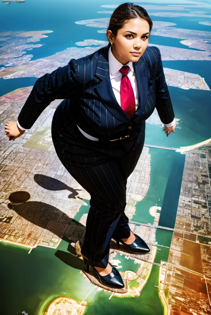 Hight altitude view of an approaching young giga giantess, Giantess art, 500 miles tall giga giantess, young sophisticated and stylish woman in a navy blue italian pinstriped trouser 3-peice suit, form fitting crisp office shirt, and a large wide light blue necktie in a windsor knot, with a beautiful, curvaceous figure, large natural breasts, and long blonde hair, with a curvaceous figure and massive breasts. wearing blue rounded court high heels with uncovered feet and standing, rampage-like pose, with a city skyscrapers background of mega-city, skyscapers, partially obscured by a hazy, cloudy atmosphere. The image is a high-resolution, masterpiece-quality, cinematic, ultra-detailed, and hyper-photorealistic photograph, with perfect hands, face, and lighting. ultra-detailed, 8K, photo-realistic, hyper-realistic, masterpiece, intricate details, full body view. Looking at camera, The image is a high-resolution, masterpiece-quality, cinematic, ultra-detailed, and hyper-photorealistic photograph, with perfect hands, face, and lighting. ultra-detailed, 8K, photo-realistic, hyper-realistic, masterpiece, intricate details, from high above