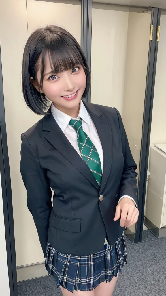 (((black blazer, navy plaid school skirt, green necktie)))、 ((((black short bob hair, bangs)))),(((grin face, scornful eyes:1.2)))、 (standing), Japanese、((((Round face))))、((big cheeks))、((junior face)),(((Cute Face)))、(((Japaneseジュニアアイドル)))、(((background: bright locker room))), High resolution、high resolution、In 8K,Highly detailed eyes and face、超High resolution, High resolution、high resolution、In 8K