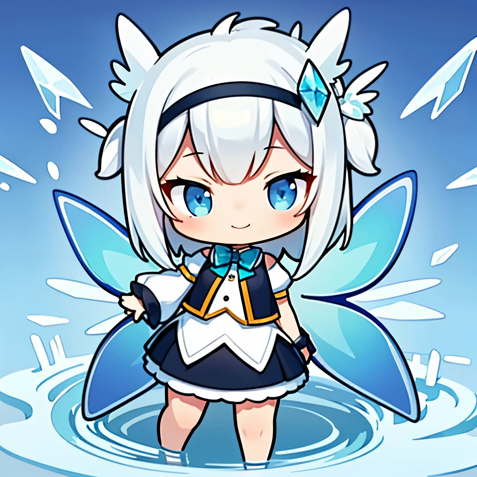  small mascot character artwork , change, Fairy,  white-haired: length,  blue eyes, small breasts, vest, garter,  hair accessories,  has an enchanting smile, sight,  head tilt , Behind the arm, ( slim), (Thin legs:  open legs),  high detail,  top quality,  Masterpiece , Detailed ice, Cumulonimbus, Beautiful details shine through, Wings with an ice crystal texture