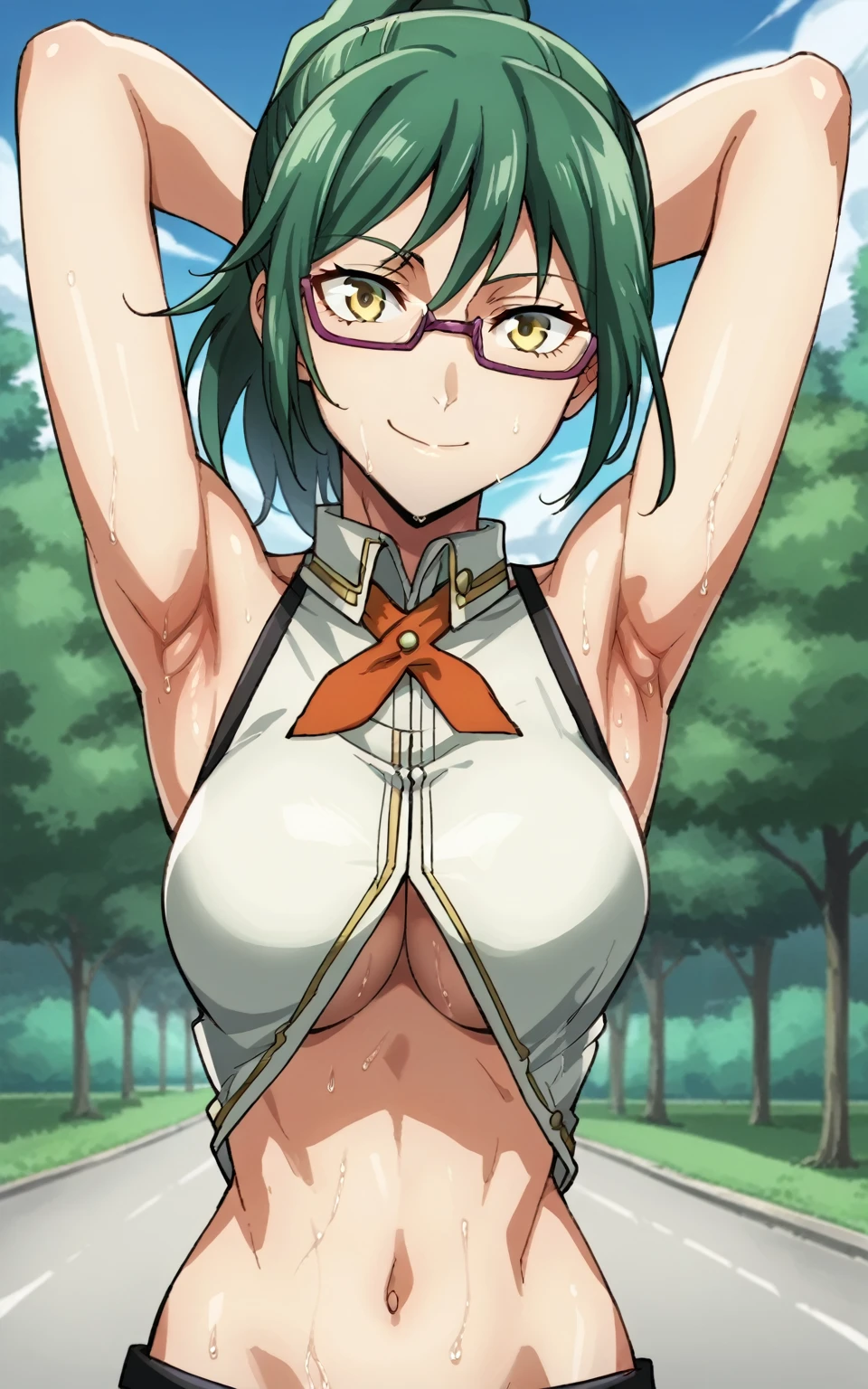 score_9, score_8_up, score_7_up, source_anime, anime screencap, 1girl, solo, Maki Zenin, yellow eyes, green hair, ponytail hair, glasses , large breasts, wearing alisa god eater outfit, clavage, underboobs, navel showing, arms behind head, armpits, looking at viewer, head towards viewer, smile, badhandv4, outdoors, park, bare shoulders, bare arms, closed mouth, sweaty armpits