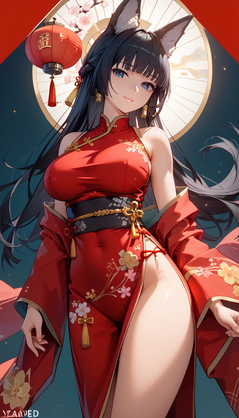 masterpiece， high-resolution ，Anime Art，Anime Numbers， 4k anime wallpaper，Soft Light， radiant skin， unique ，An anime girl，Standing， red cheongsam， long black hair， Wolf Ears ， black eyes，Big breasts，thigh，New Year Background