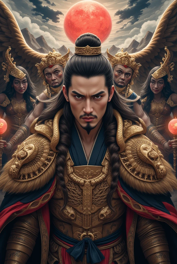 Portrait, extremely detailed close-up of the face, modeled after the legends of ancient Asian gods, taken from the waist up. The face of the god is a combination of modern beauty, combining the most prominent features of Thai, Korean, Hong Kong, Chinese movie stars. An extremely handsome face with strong features, sharp eyes, shining with supernatural power, seeing through the human heart, attracting viewers, somewhat cold eyes, powerful inner expression. Long, flowing black hair with interwoven sparkling dragon scales. Majestic dragon horns protrude from the forehead, curved and shiny. Muscles rippling with supernatural power, skin textured like delicate dragon scales. Wearing an exquisite gold necklace decorated with gemstones that glow with an inner light. In his hand, the male god holds an ancient, unusual weapon - perhaps a trident or a sword - radiating mystical, mythical energy. The god stands tall and majestic, a colossal figure of divine presence and supreme power in Asia. His posture exudes power and confidence, dominating the frame, dominating the dark, chaotic world. Behind the god, a stormy seascape with huge waves crashing violently, the sky is dark and ominous, filled with swirling storm clouds and thunder. The entire scene conveys a sense of his epic scale and divine power. Rendered in a surreal digital art style with dramatic lighting to enhance the fierce atmosphere and highlight his divine appearance. The image emphasizes the contrast between the calm, powerful demeanor of the god and the chaos of the elements around him that have been conquered and subdued.