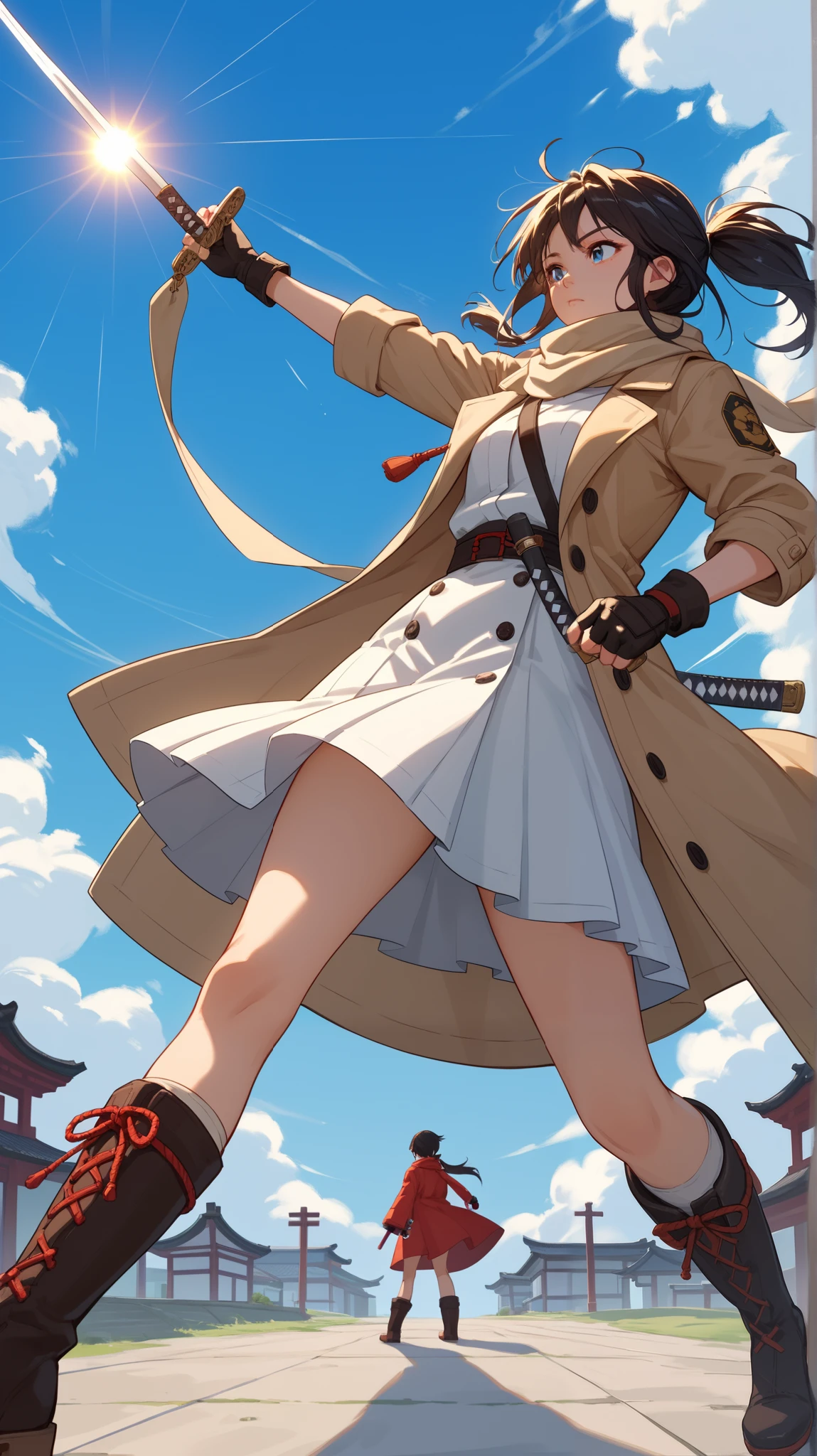 unmanned background、1girl,holding a Japanese sword、Focus on the blade、Japanese and Western Costumes、solo focus,from below,Female swordsman in Japanese trench coat holding Japanese sword, scarf, skirt, fingerless gloves, fluttering trench coat,boots, Japanese sword bladeDetailed hand、Hand、Perfect hand ,low-angle view、side view、 Active Angles 、 dynamic composition 、 long hair ponytail、stable_Yogis_Animetoon_Negatives、Blue sky and light clouds, sun,  with no one in the background、